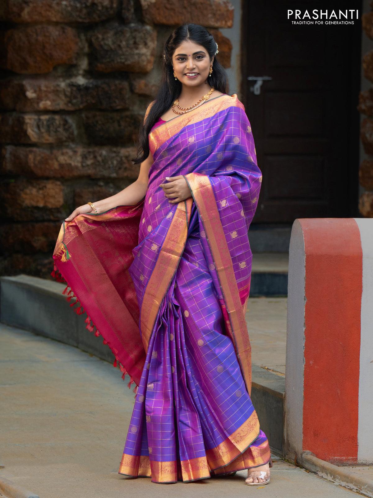 Sa - Pure kanjivaram silk saree purple and pink with allover zari checks & annam and mayil chakaram buttas elephant & annam zari woven border - Image 3