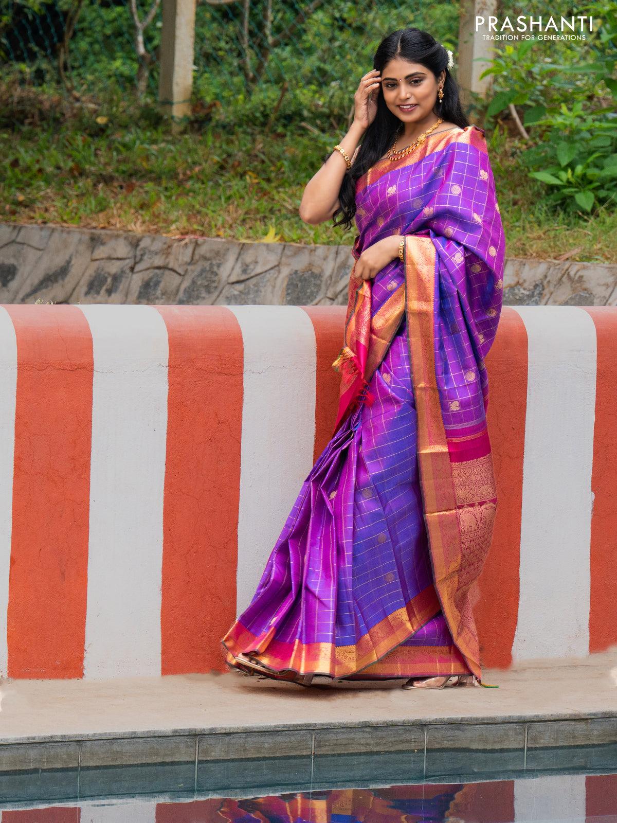 Sa - Pure kanjivaram silk saree purple and pink with allover zari checks & annam and mayil chakaram buttas elephant & annam zari woven border - Image 4