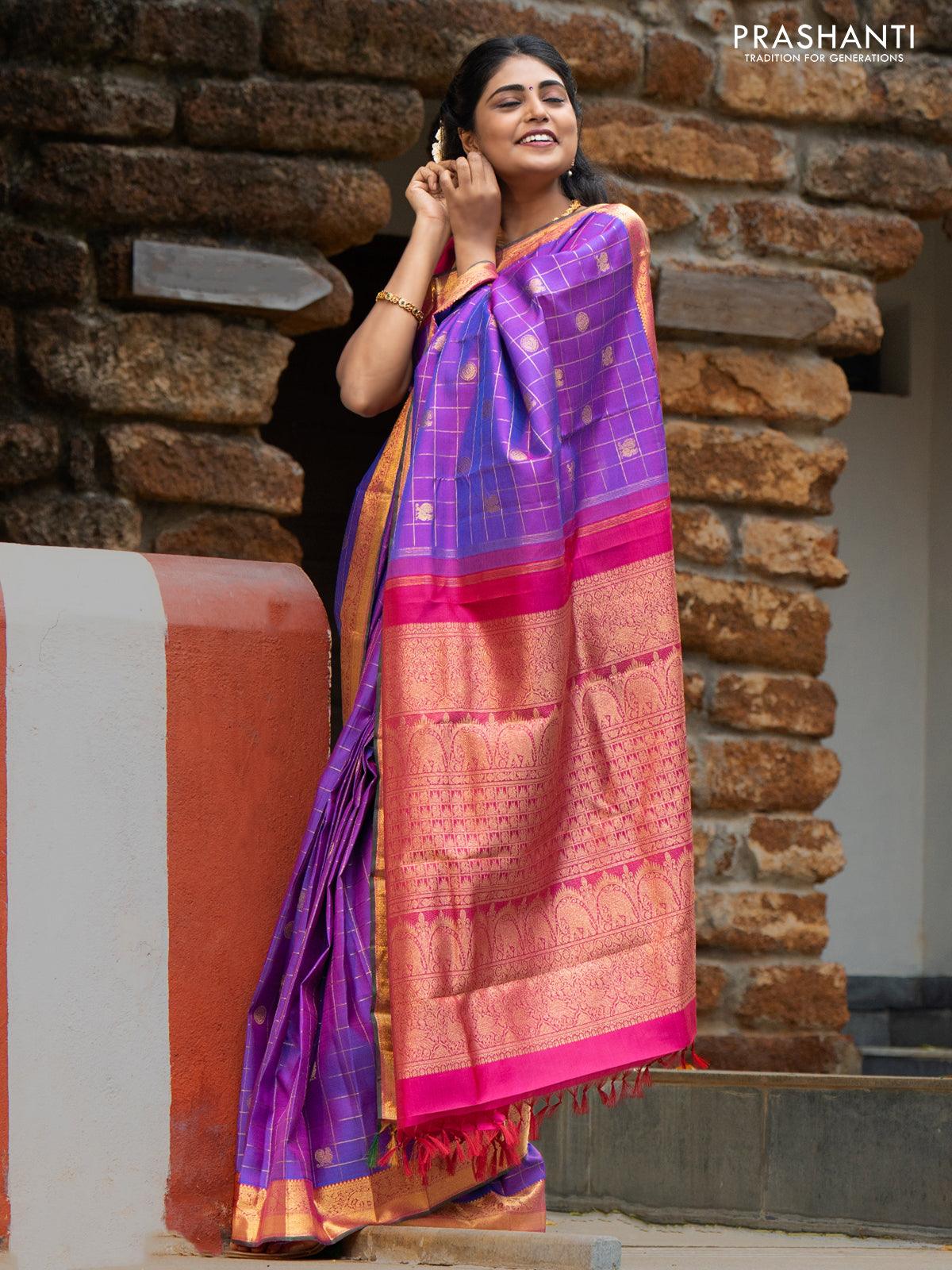 Sa - Pure kanjivaram silk saree purple and pink with allover zari checks & annam and mayil chakaram buttas elephant & annam zari woven border - Image 5
