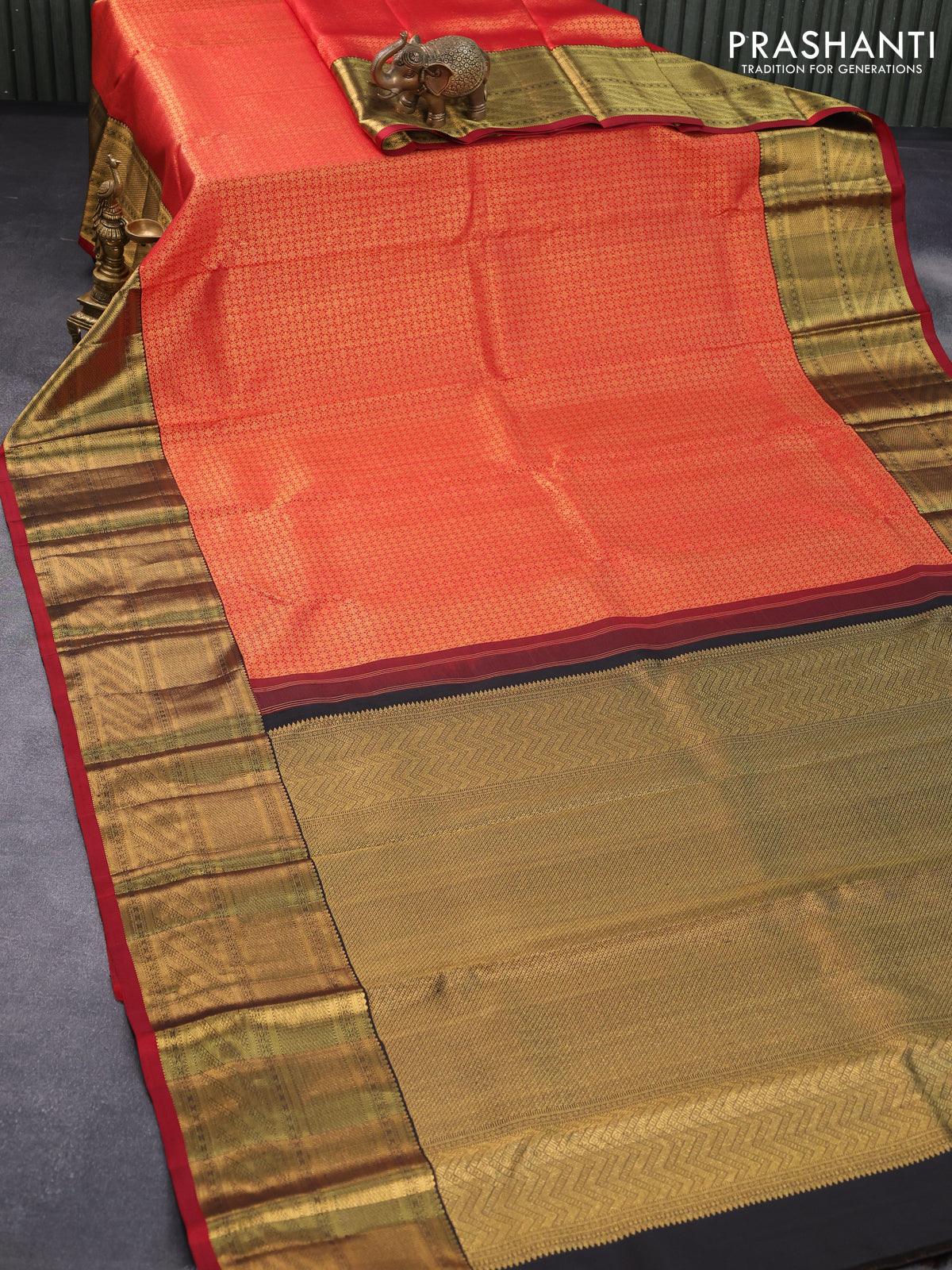 Pure kanjivaram silk saree red and black with allover zari woven brocade weaves and rich zari woven border - Image 2