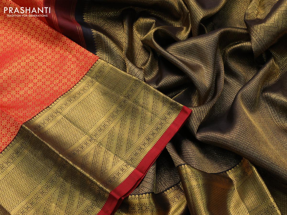 Pure kanjivaram silk saree red and black with allover zari woven brocade weaves and rich zari woven border - Image 3