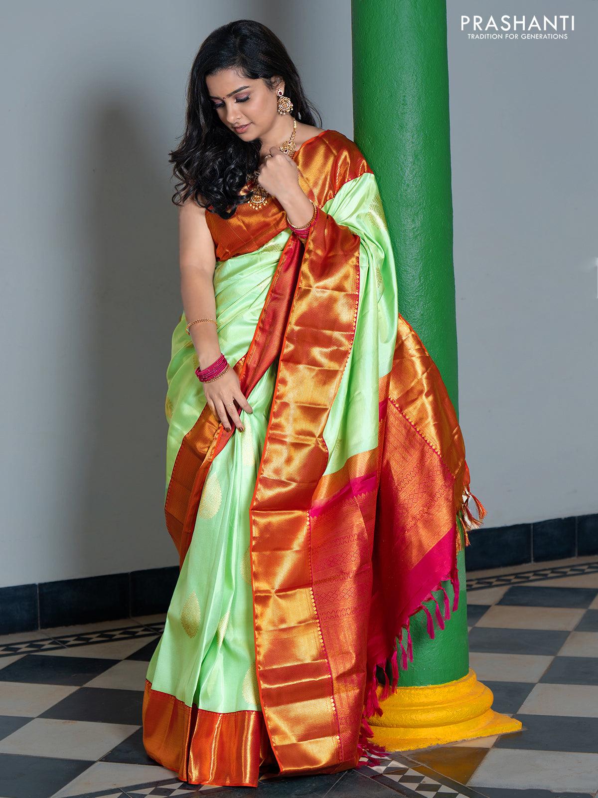 Ga - Pure kanjivaram silk saree teal green and pink with zari woven buttas and rich korvai zari woven bavanji border - Pre Order - Image 3