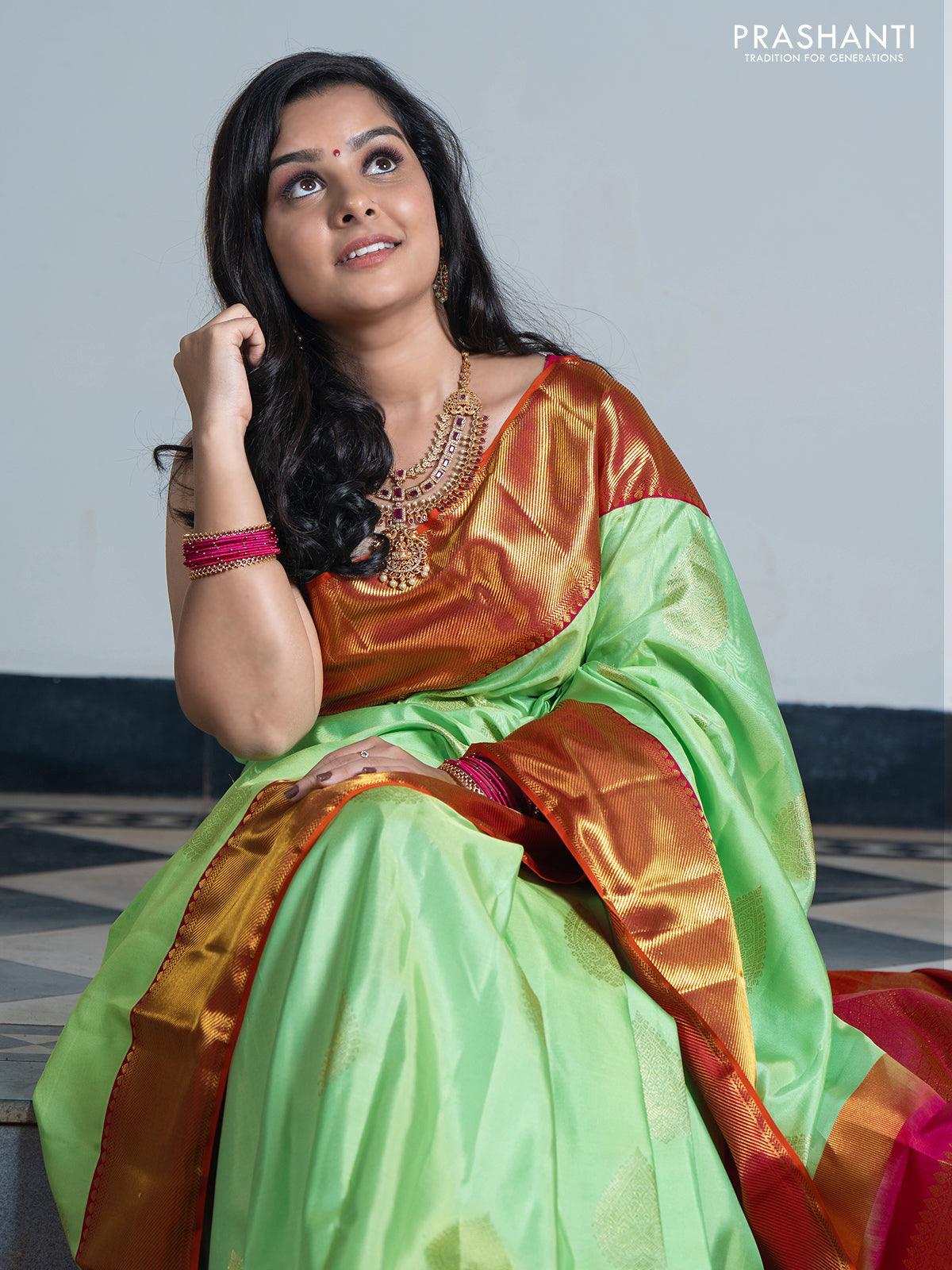 Ga - Pure kanjivaram silk saree teal green and pink with zari woven buttas and rich korvai zari woven bavanji border - Pre Order - Image 4