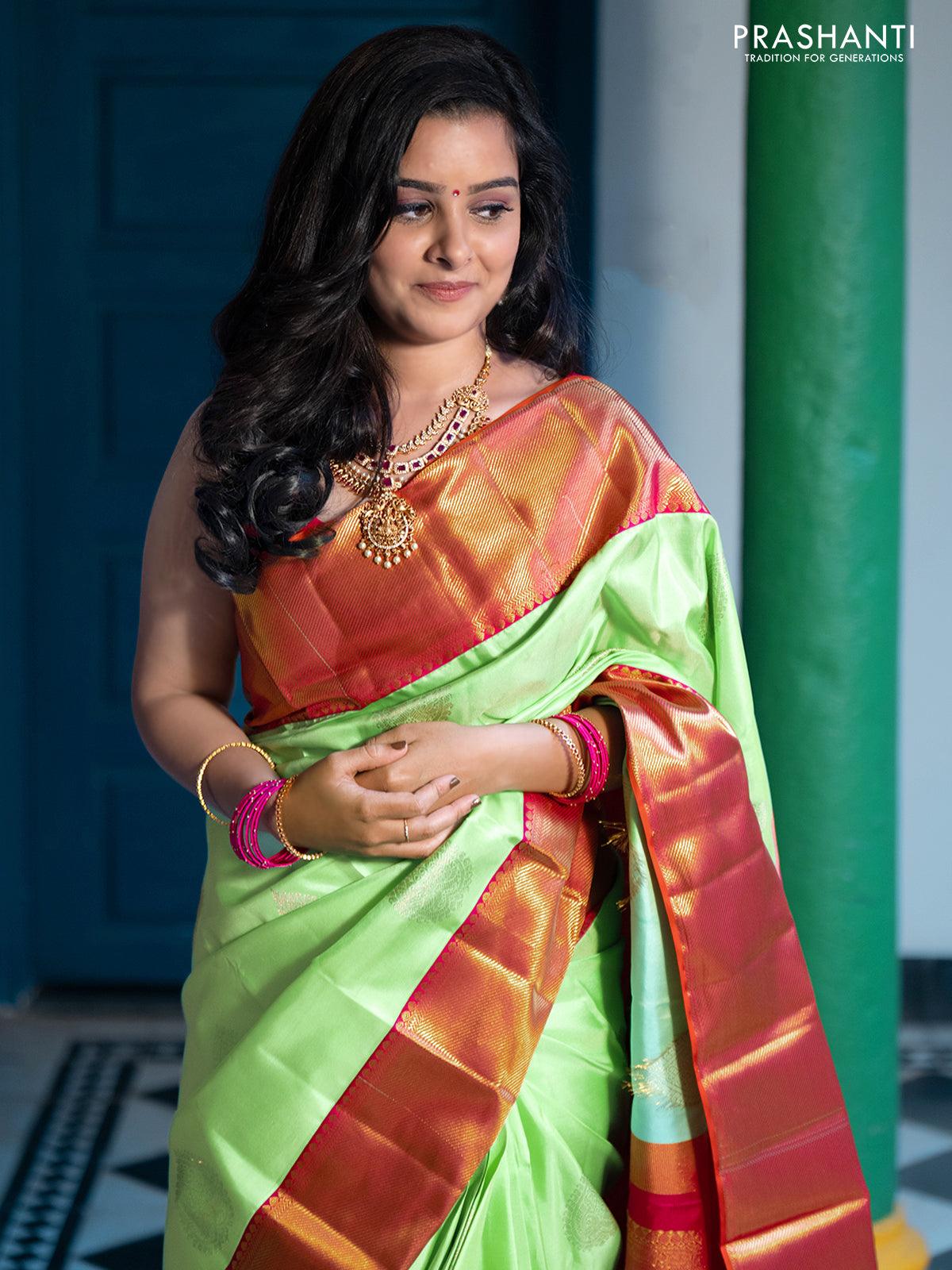 Ga - Pure kanjivaram silk saree teal green and pink with zari woven buttas and rich korvai zari woven bavanji border - Pre Order - Image 5