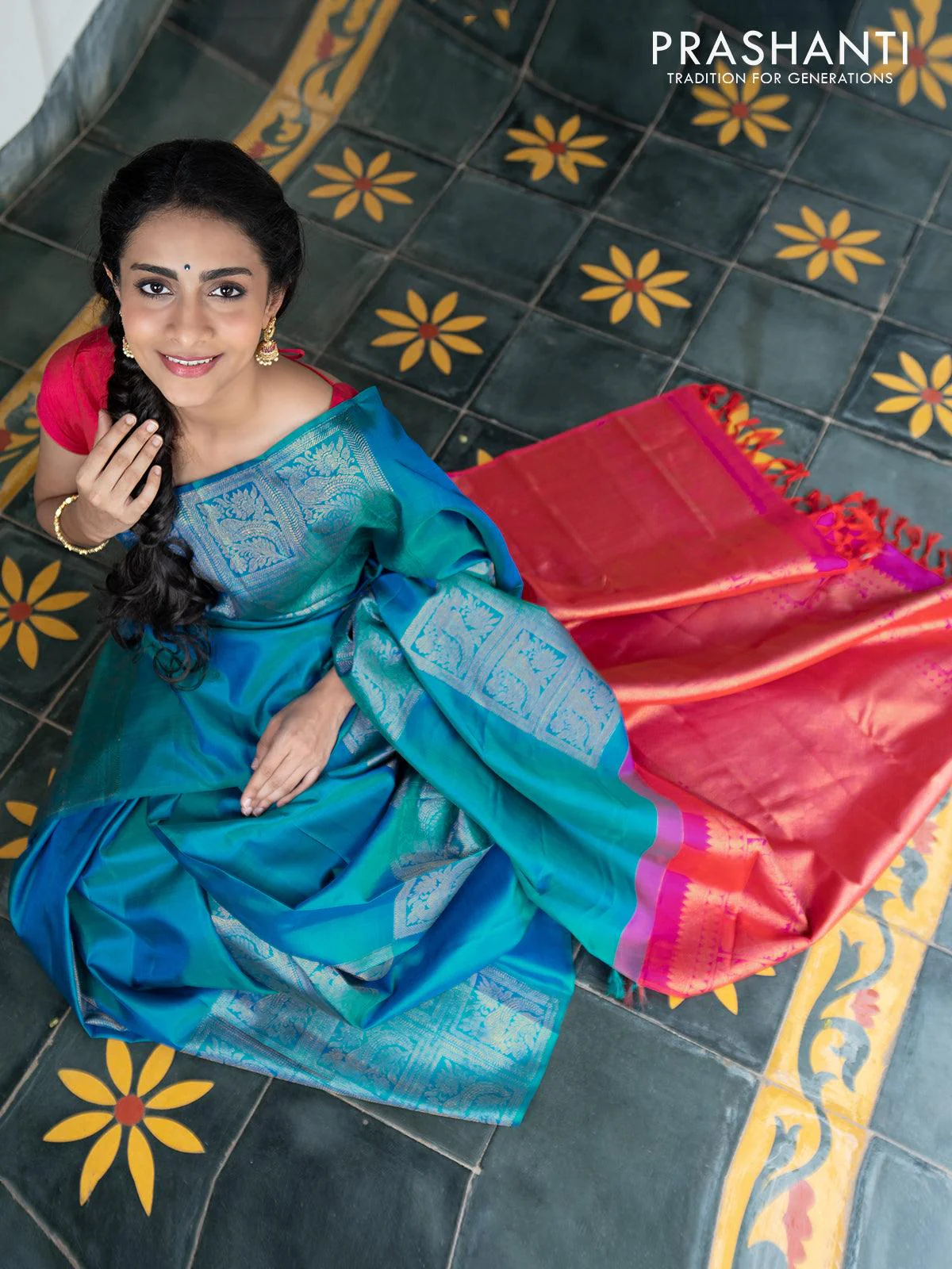 Dha - Pure kanjivaram silk saree teal torquise blue and dual shade of pink with zari woven box pattern weaves in borderless style - Image 2
