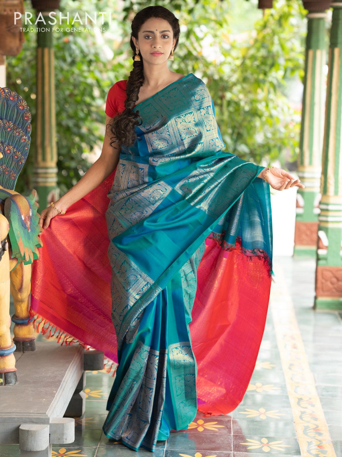 Dha - Pure kanjivaram silk saree teal torquise blue and dual shade of pink with zari woven box pattern weaves in borderless style - Image 3