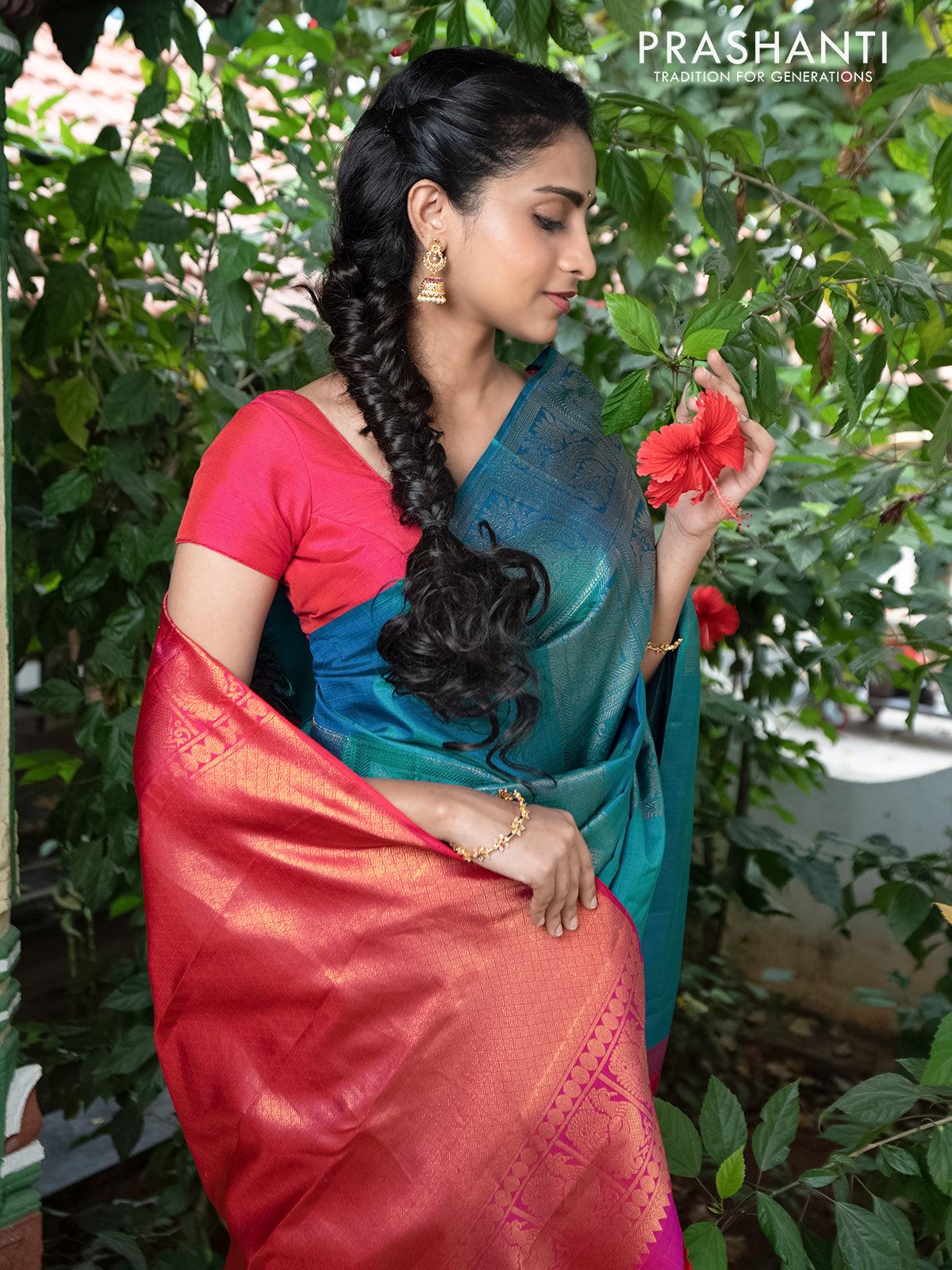Dha - Pure kanjivaram silk saree teal torquise blue and dual shade of pink with zari woven box pattern weaves in borderless style - Image 4