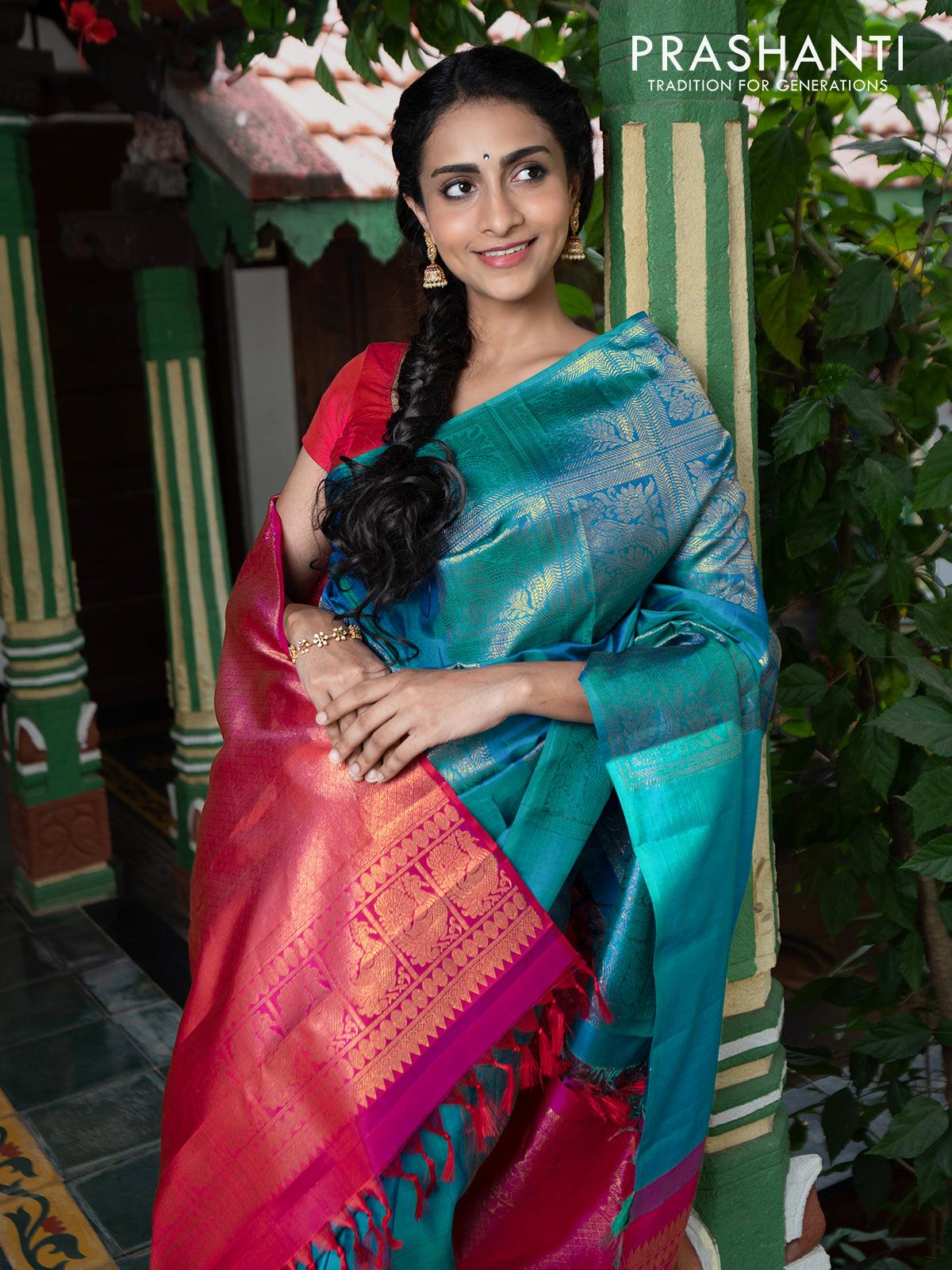 Dha - Pure kanjivaram silk saree teal torquise blue and dual shade of pink with zari woven box pattern weaves in borderless style - Image 5