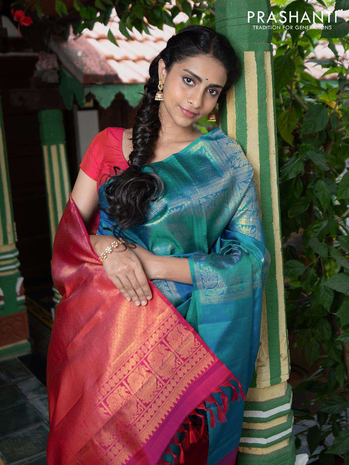 Dha - Pure kanjivaram silk saree teal torquise blue and dual shade of pink with zari woven box pattern weaves in borderless style - Image 6