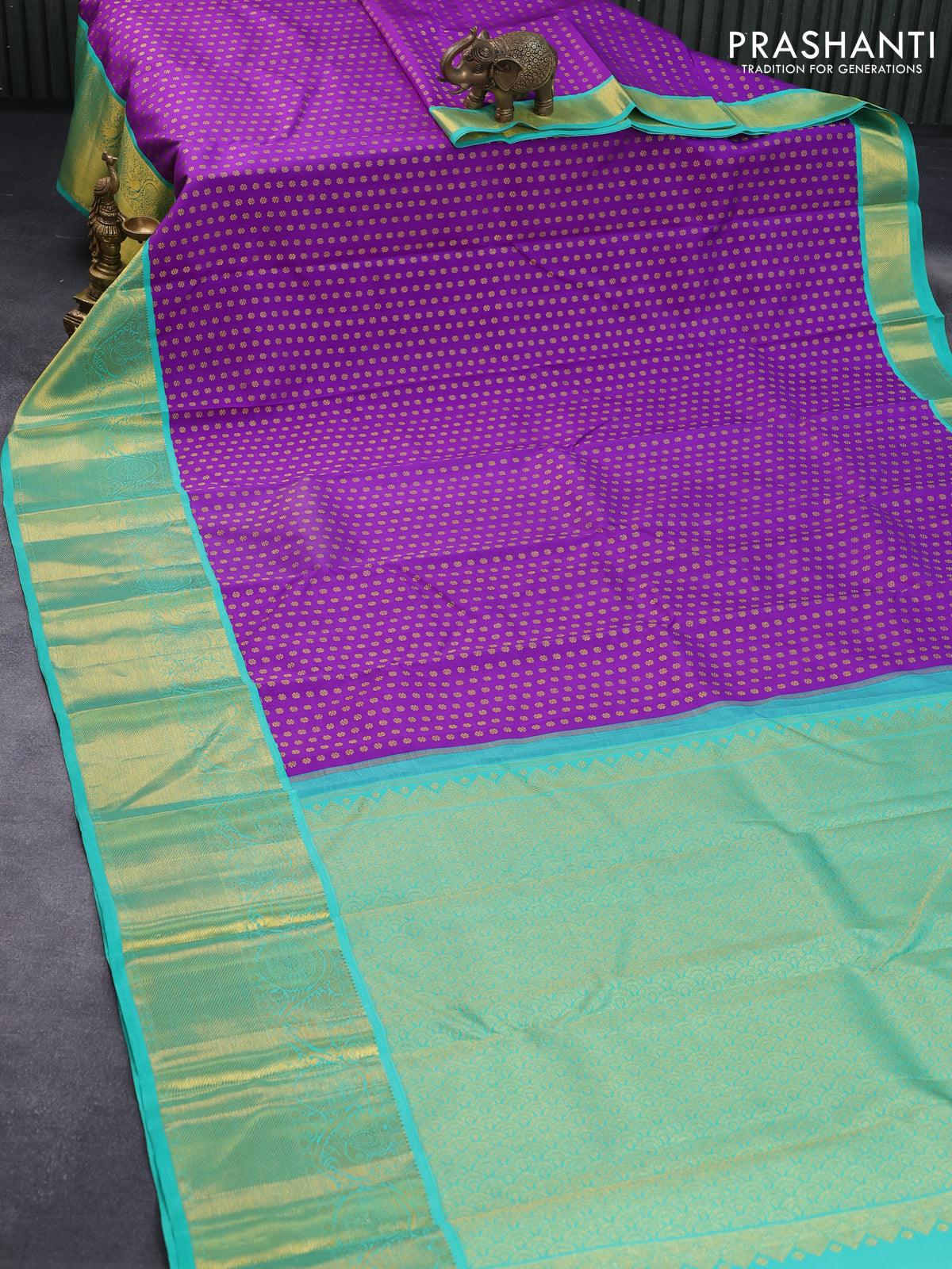 Pure kanjivaram silk saree violet and teal blue with allover zari woven butta weaves and long annam & rudhraksha zari woven border - Image 2