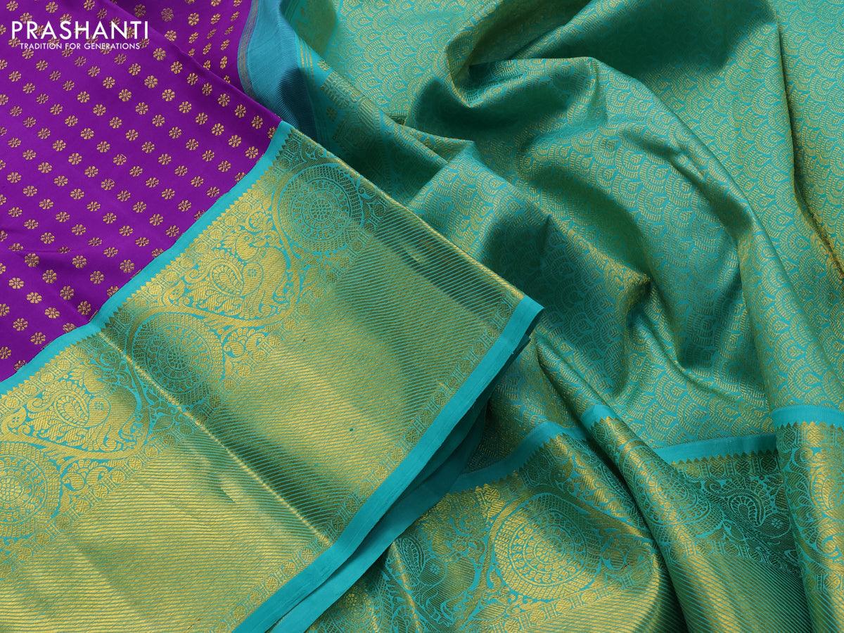 Pure kanjivaram silk saree violet and teal blue with allover zari woven butta weaves and long annam & rudhraksha zari woven border - Image 3