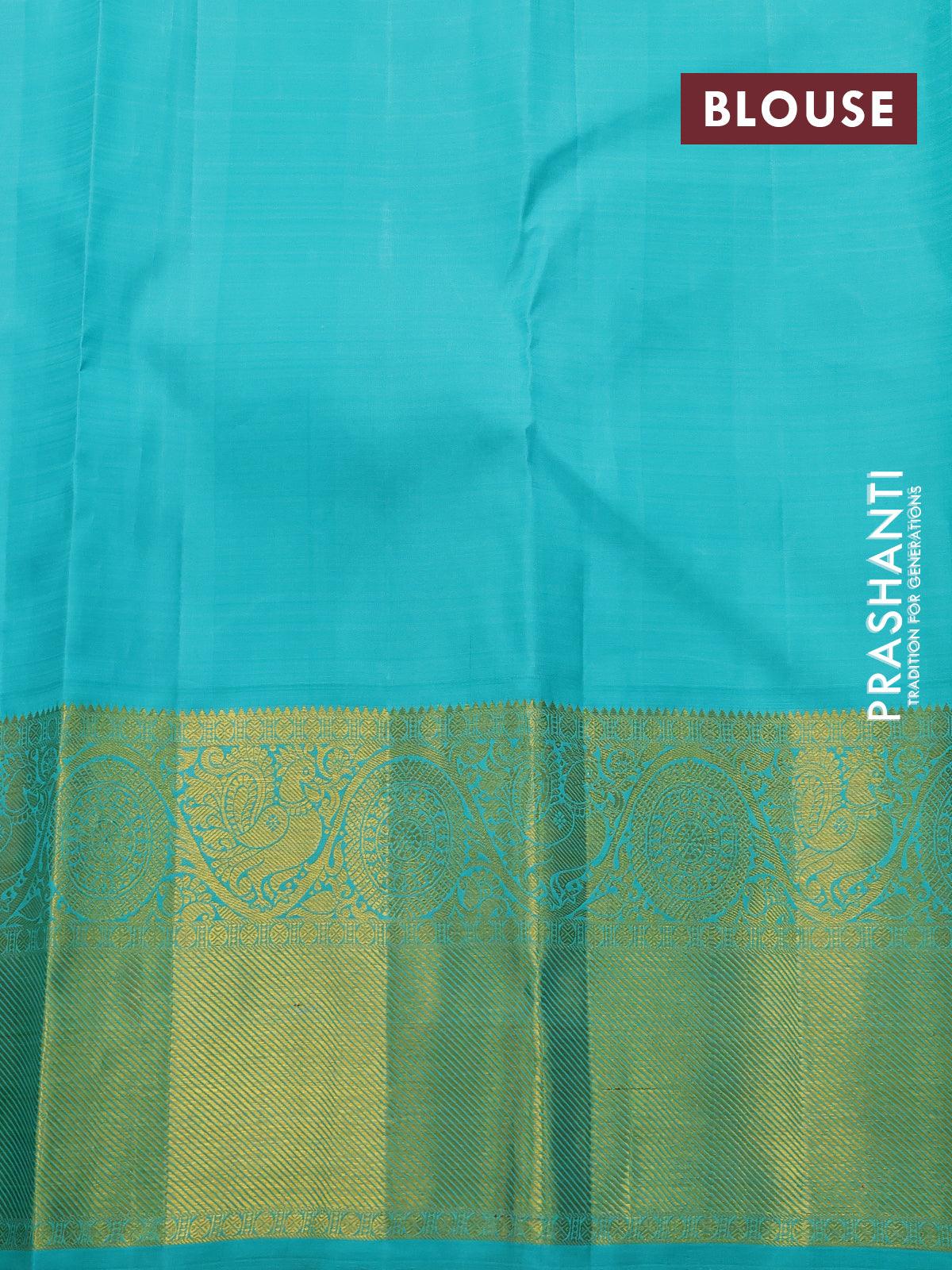 Pure kanjivaram silk saree violet and teal blue with allover zari woven butta weaves and long annam & rudhraksha zari woven border - Image 4