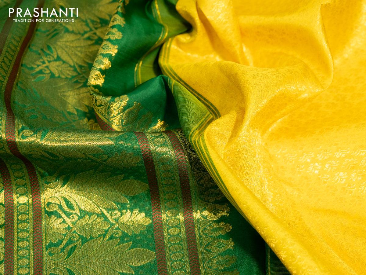 Pure kanjivaram silk saree yellow and green with allover zari woven brocade weaves and long zari woven border & embroidery work blouse - Image 2