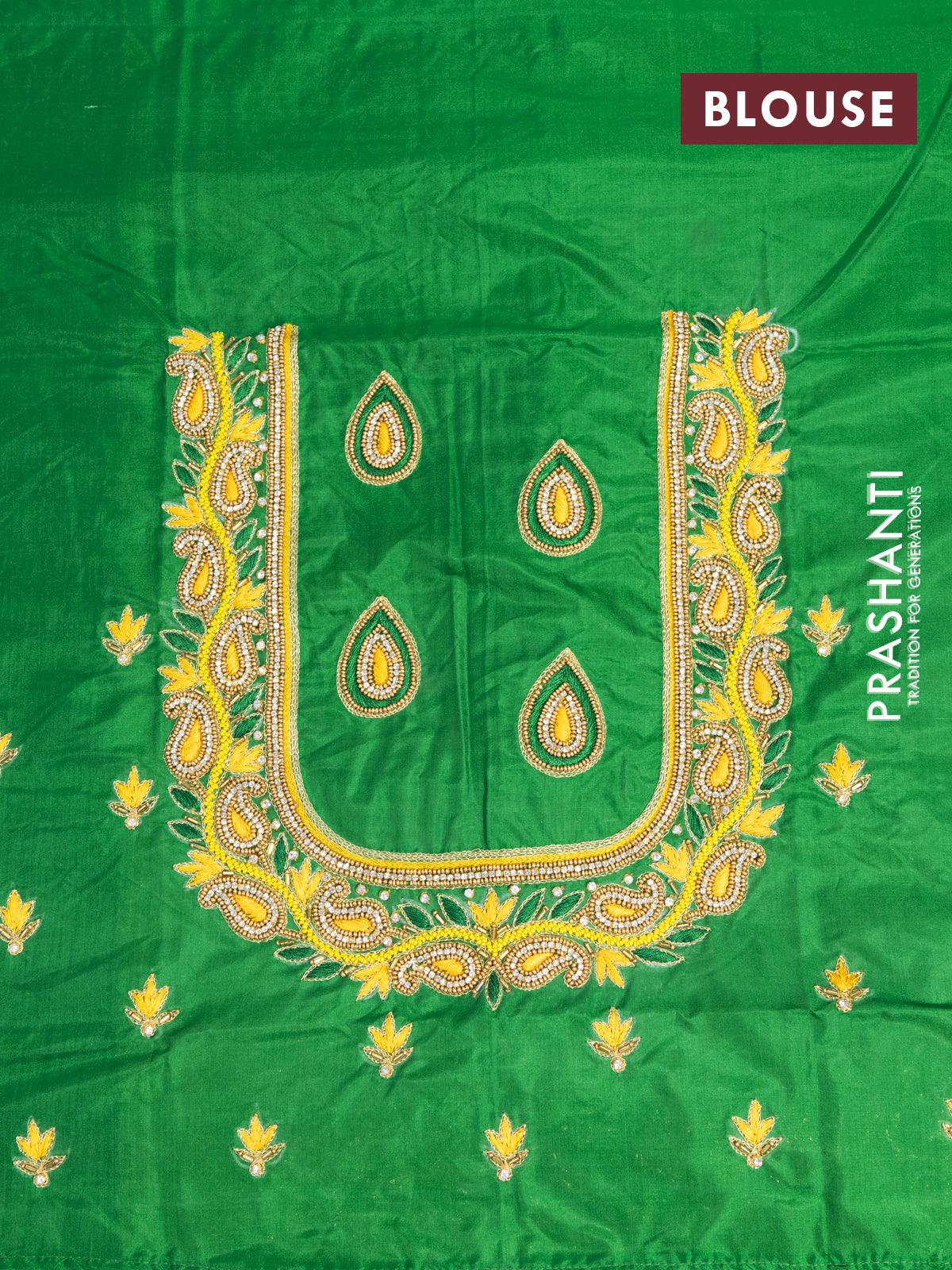 Pure kanjivaram silk saree yellow and green with allover zari woven brocade weaves and long zari woven border & embroidery work blouse - Image 3