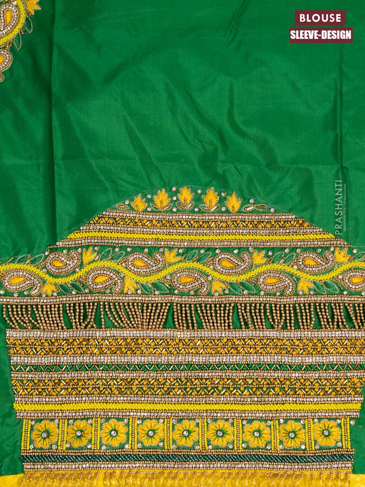 Pure kanjivaram silk saree yellow and green with allover zari woven brocade weaves and long zari woven border & embroidery work blouse - Image 4