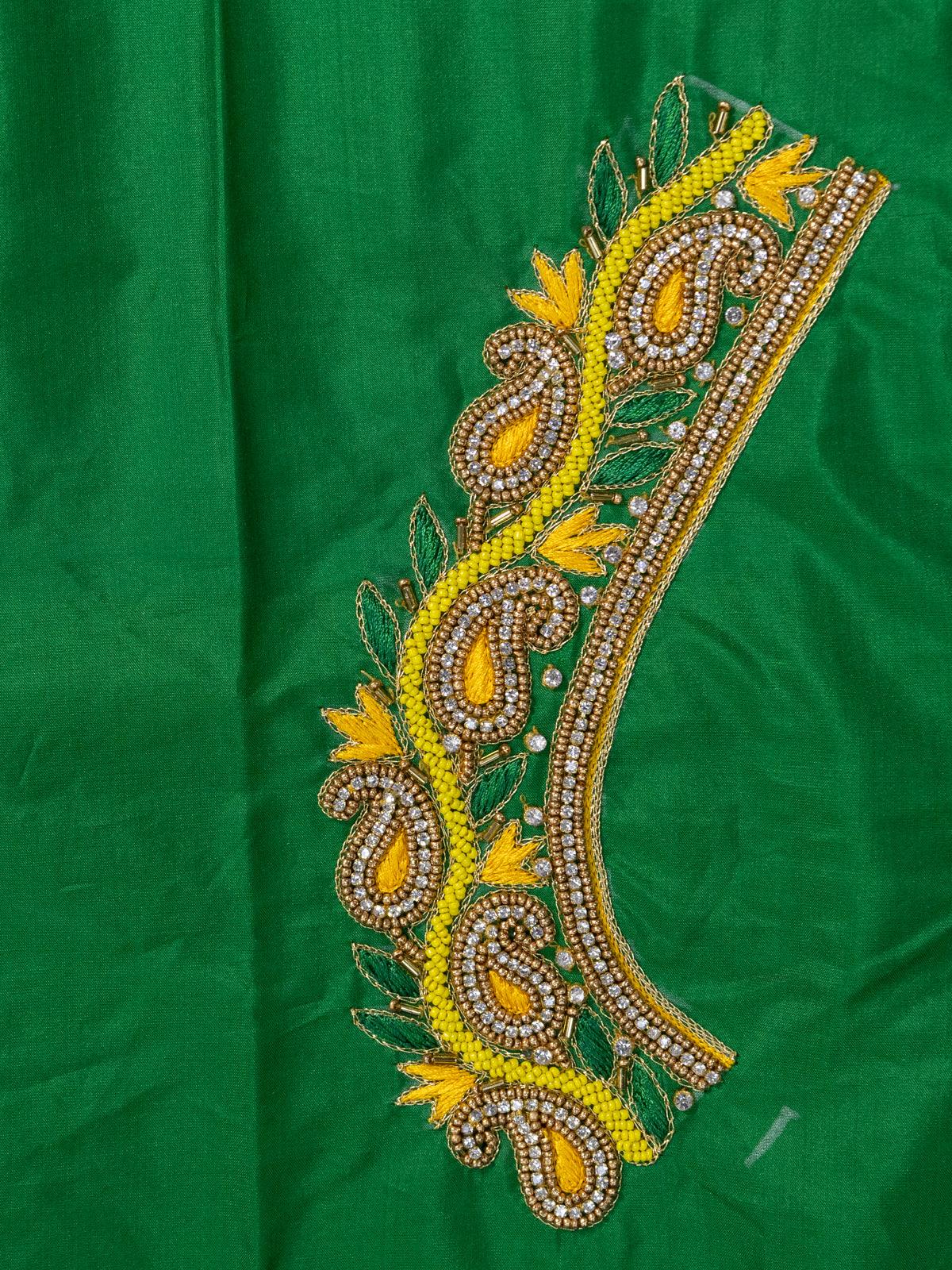 Pure kanjivaram silk saree yellow and green with allover zari woven brocade weaves and long zari woven border & embroidery work blouse - Image 5