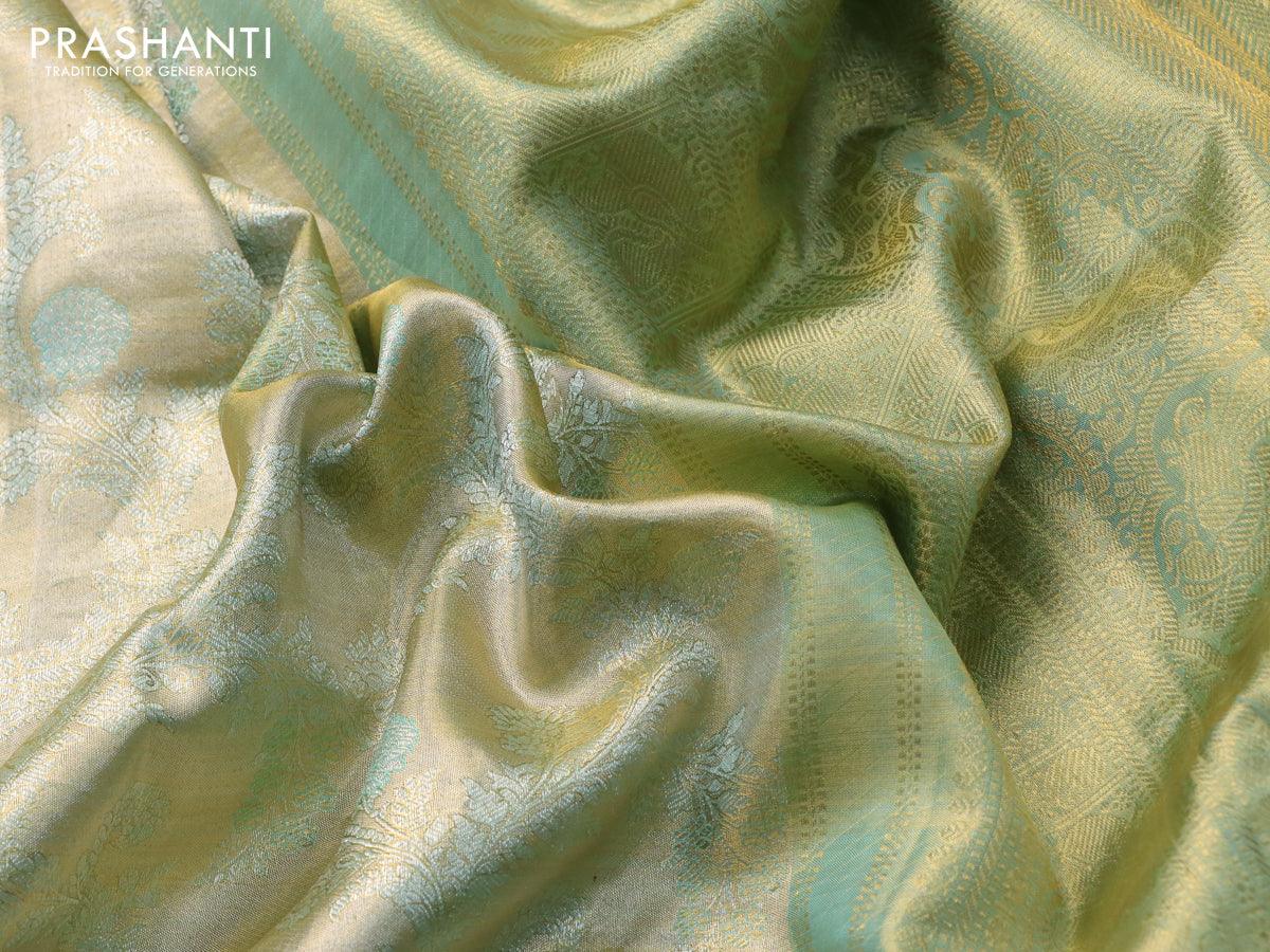 Pure kanjivaram tissue silk saree cream and teal blue with allover zari woven brocade weaves and zari woven border - Image 7