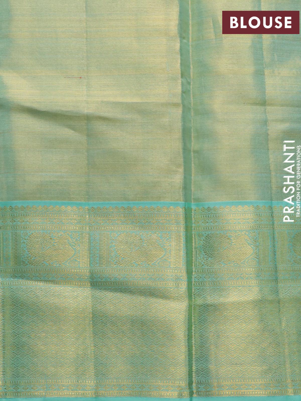 Pure kanjivaram tissue silk saree cream and teal blue with allover zari woven brocade weaves and zari woven border - Image 8