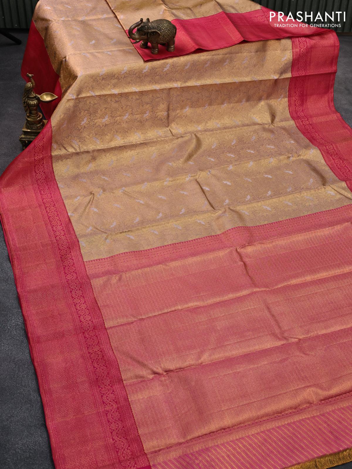 Pure kanjivaram tissue silk saree dual shade of greyish gold and pink with allover zari woven floral brocade weaves and long zari woven border - Image 2