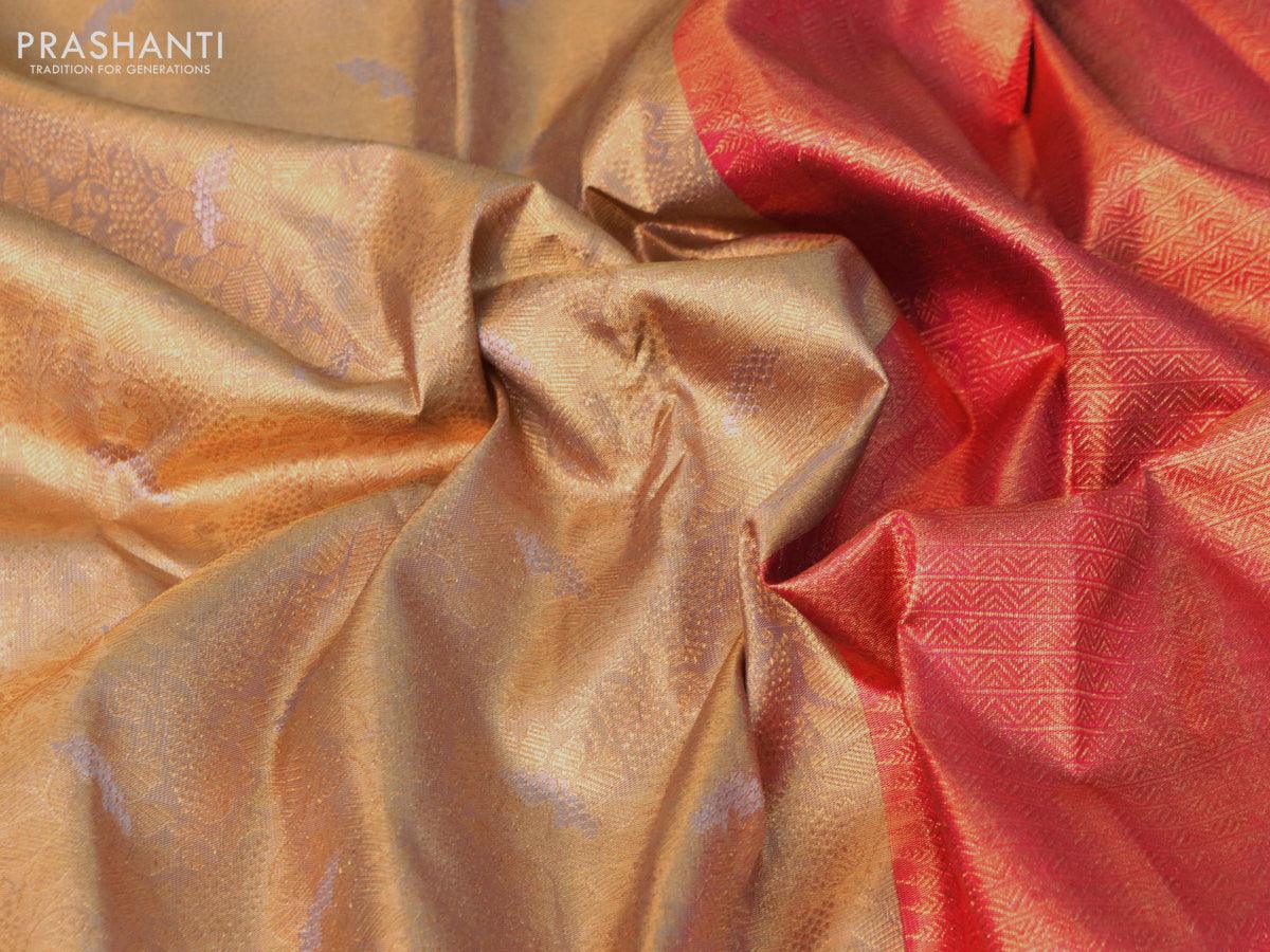 Pure kanjivaram tissue silk saree dual shade of greyish gold and pink with allover zari woven floral brocade weaves and long zari woven border - Image 3