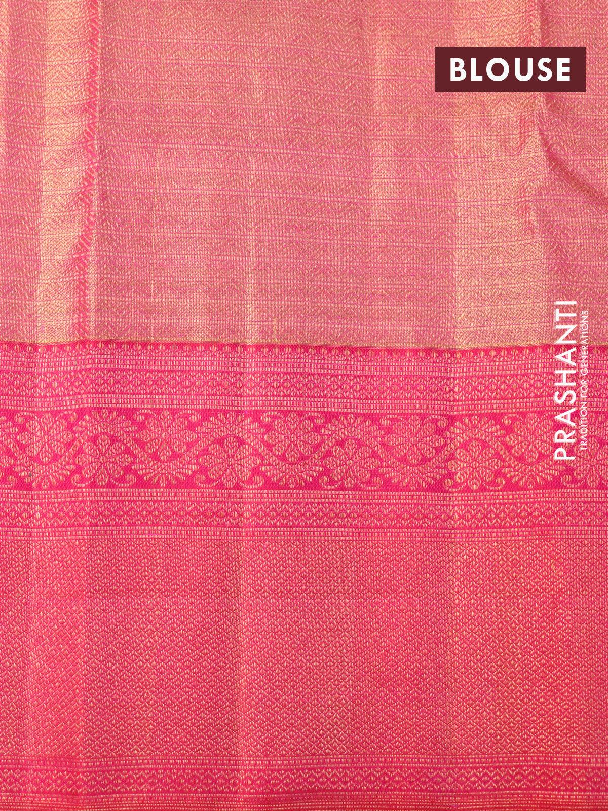 Pure kanjivaram tissue silk saree dual shade of greyish gold and pink with allover zari woven floral brocade weaves and long zari woven border - Image 4