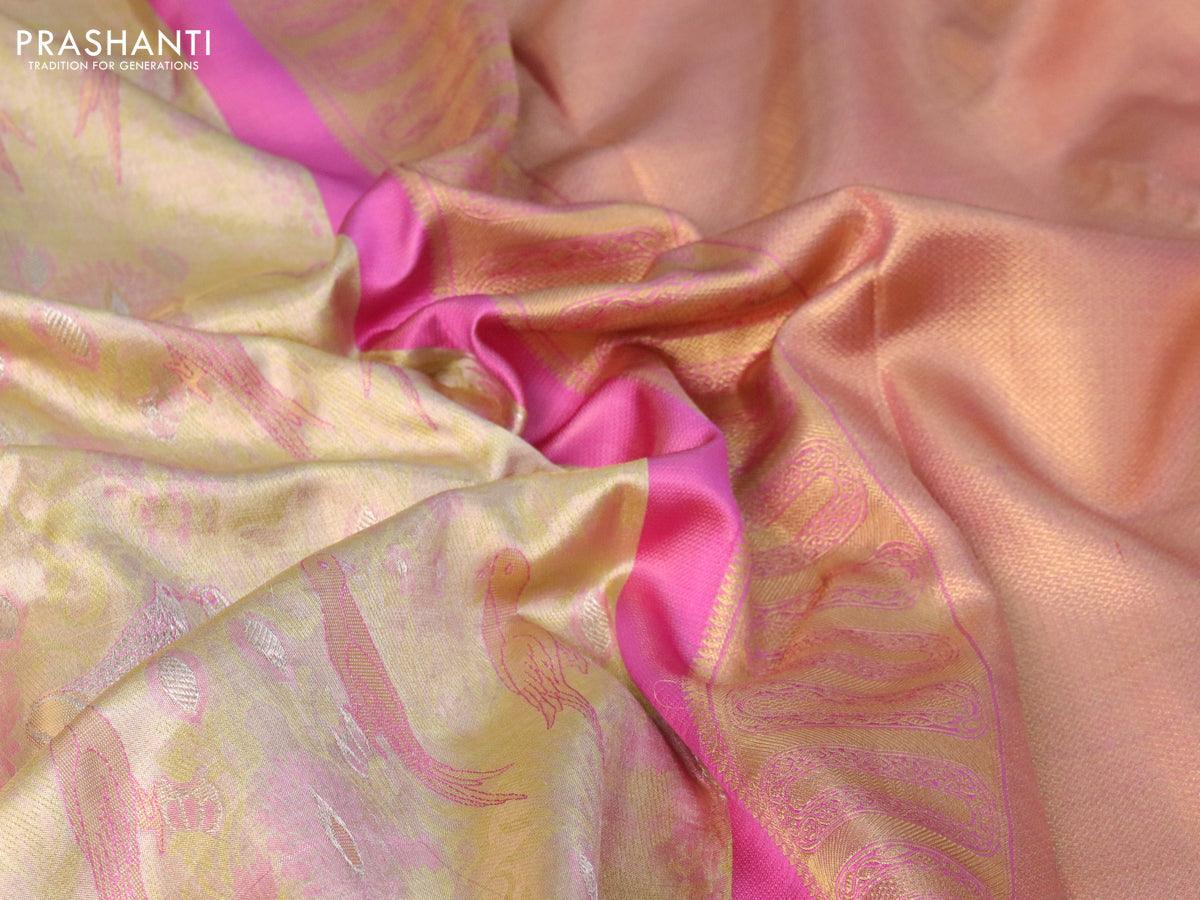 Pure kanjivaram tissue silk saree elaichi green and pink with allover zari woven parrot designbrocade weaves and long zari woven korvai border - Image 3