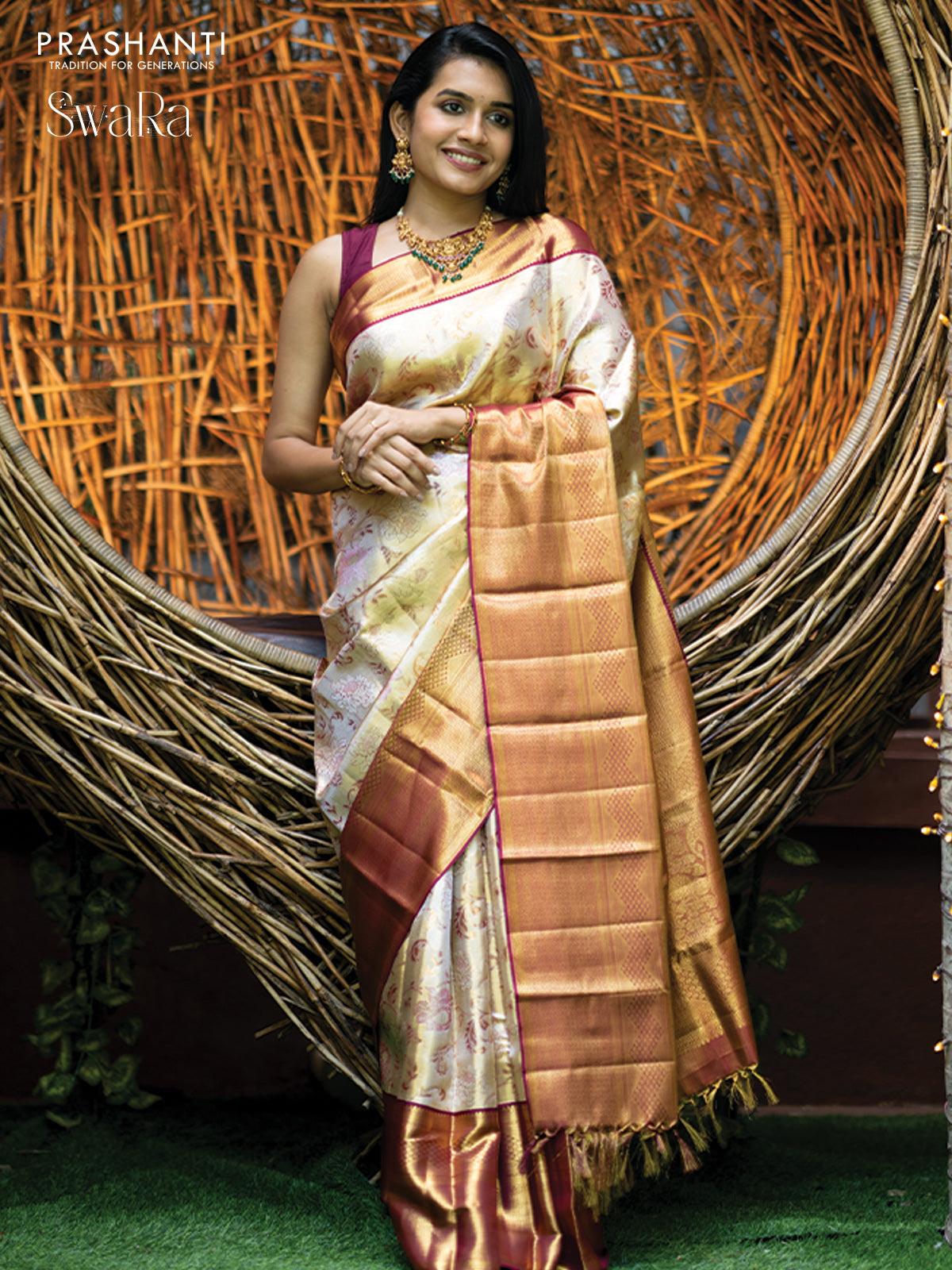 Pure kanjivaram tissue silk saree gold and dark magenta pink with allover zari woven brocade weaves and zari woven border - Image 3