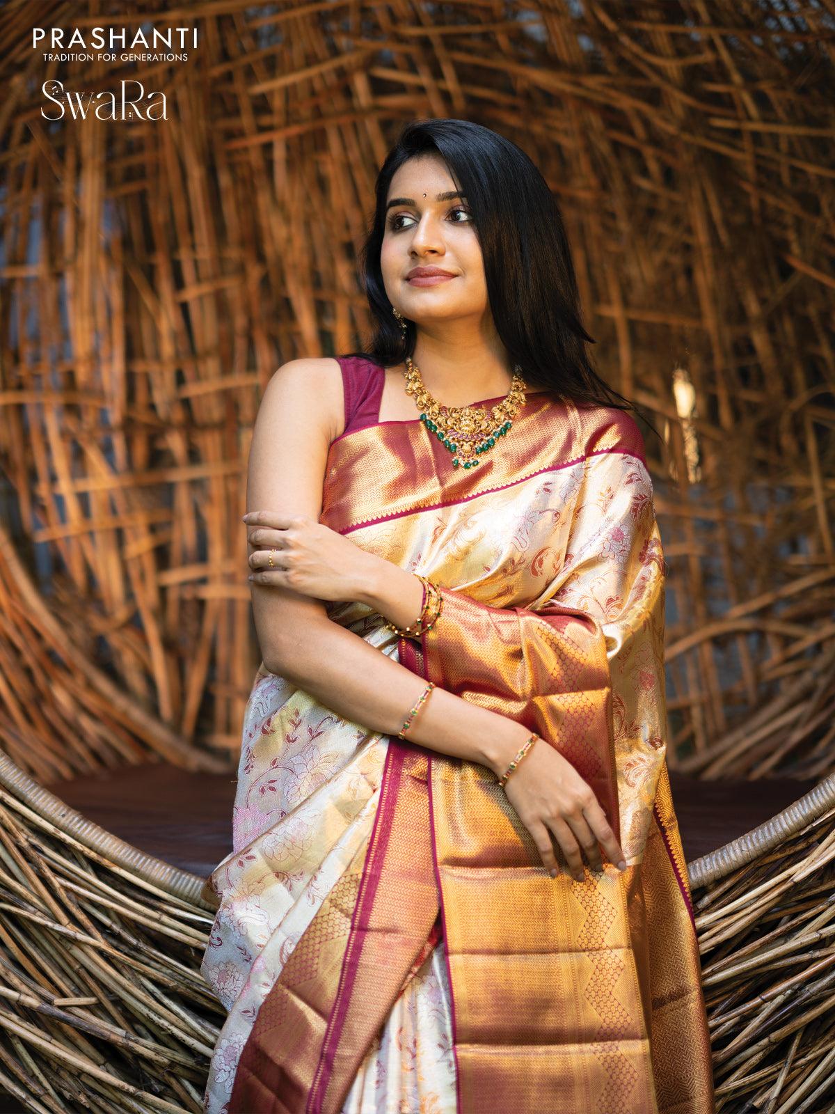 Pure kanjivaram tissue silk saree gold and dark magenta pink with allover zari woven brocade weaves and zari woven border - Image 4