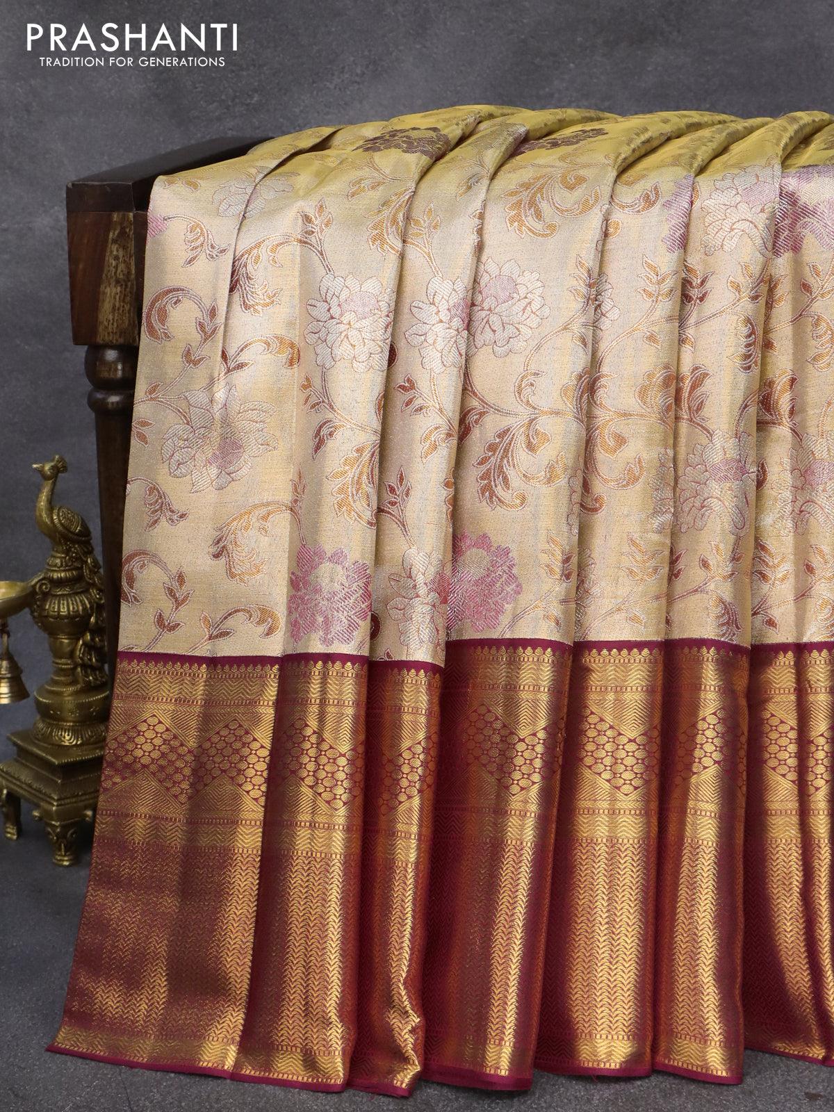 Pure kanjivaram tissue silk saree gold and dark magenta pink with allover zari woven brocade weaves and zari woven border - Image 5