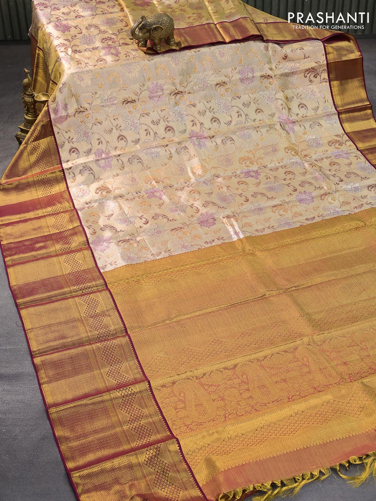 Pure kanjivaram tissue silk saree gold and dark magenta pink with allover zari woven brocade weaves and zari woven border - Image 6