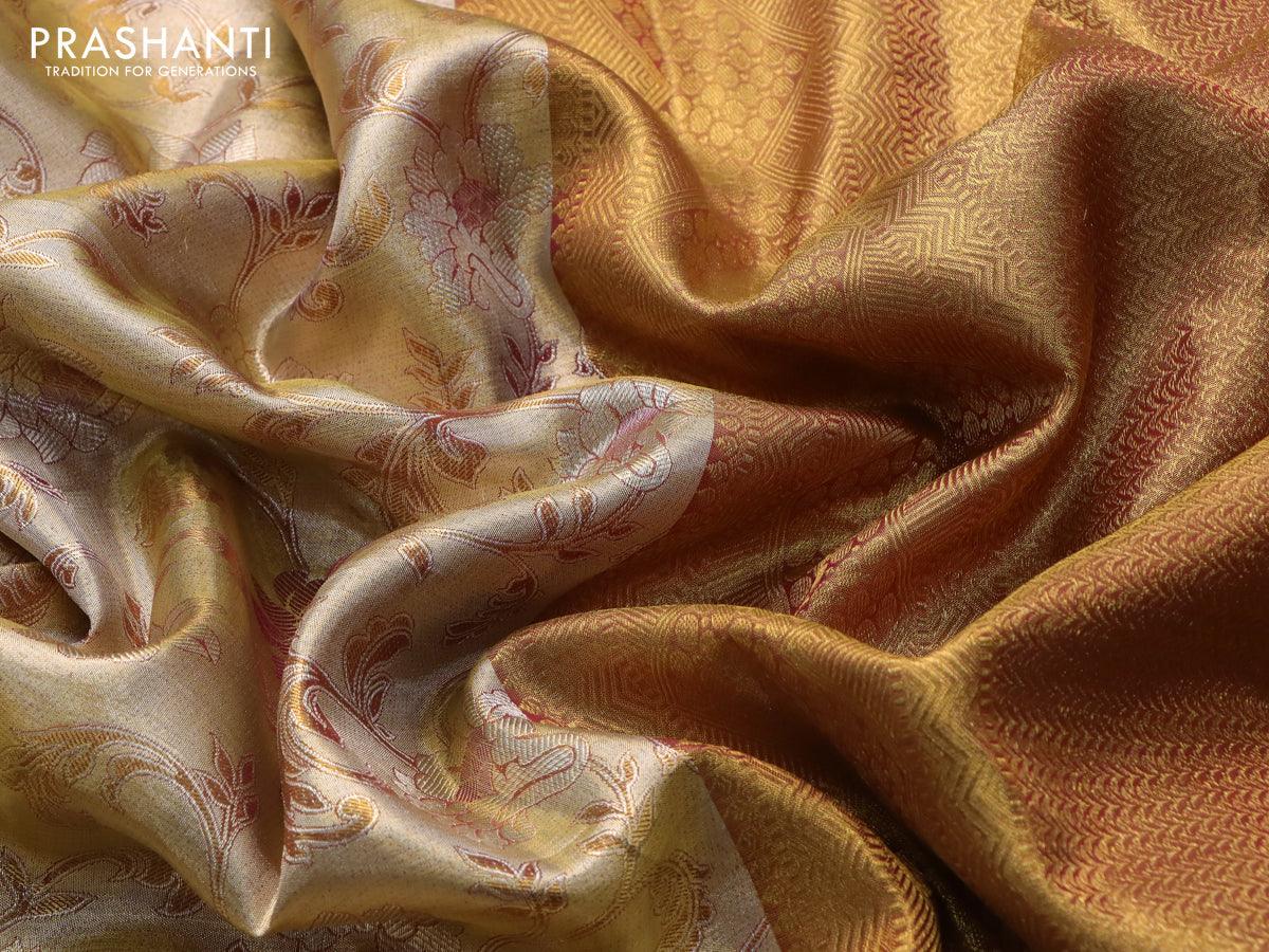 Pure kanjivaram tissue silk saree gold and dark magenta pink with allover zari woven brocade weaves and zari woven border - Image 7