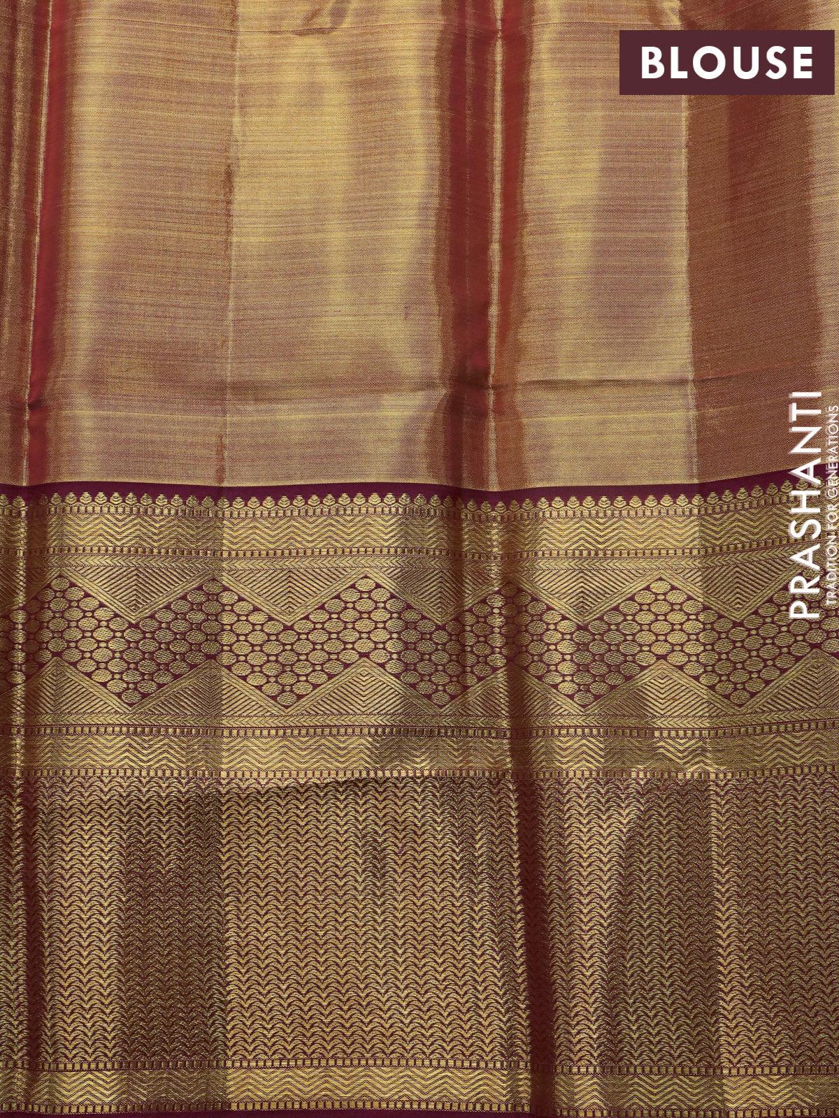 Pure kanjivaram tissue silk saree gold and dark magenta pink with allover zari woven brocade weaves and zari woven border - Image 8