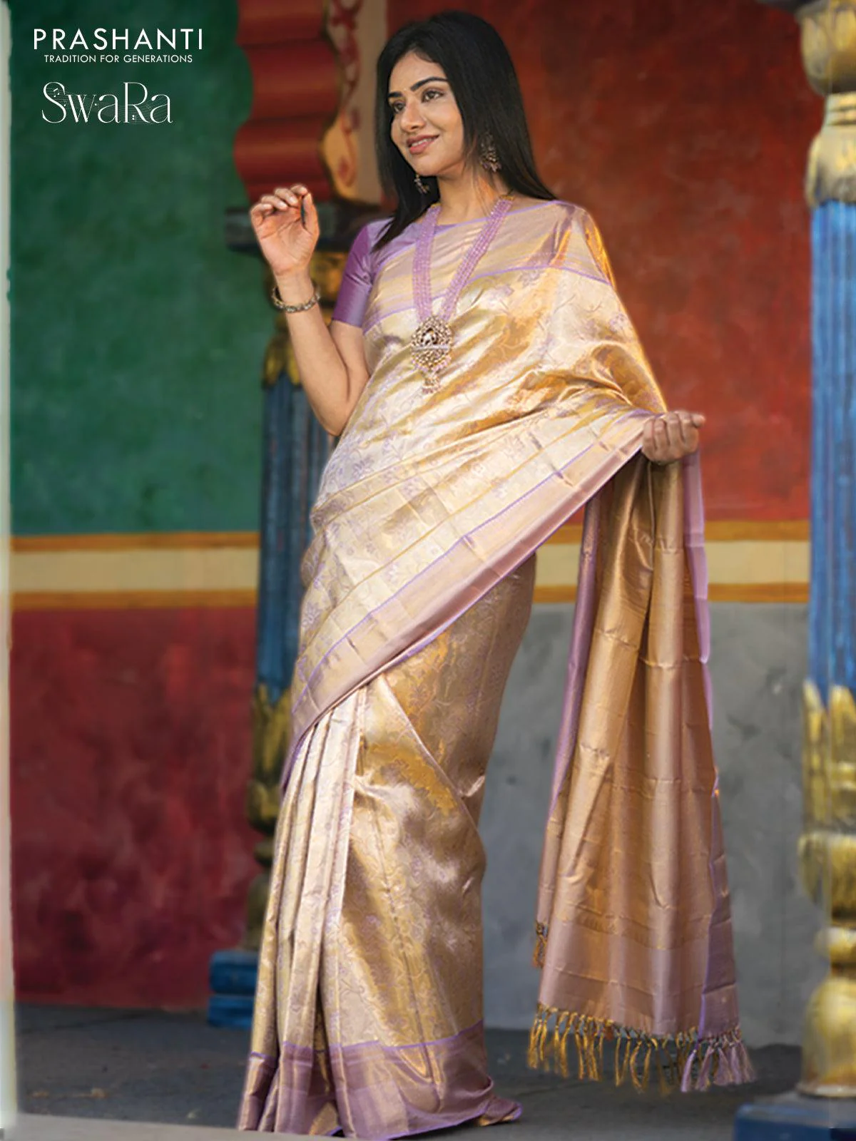 Pure kanjivaram tissue silk saree gold and lavender shade with allover zari woven brocade weaves and zari woven border - Image 2