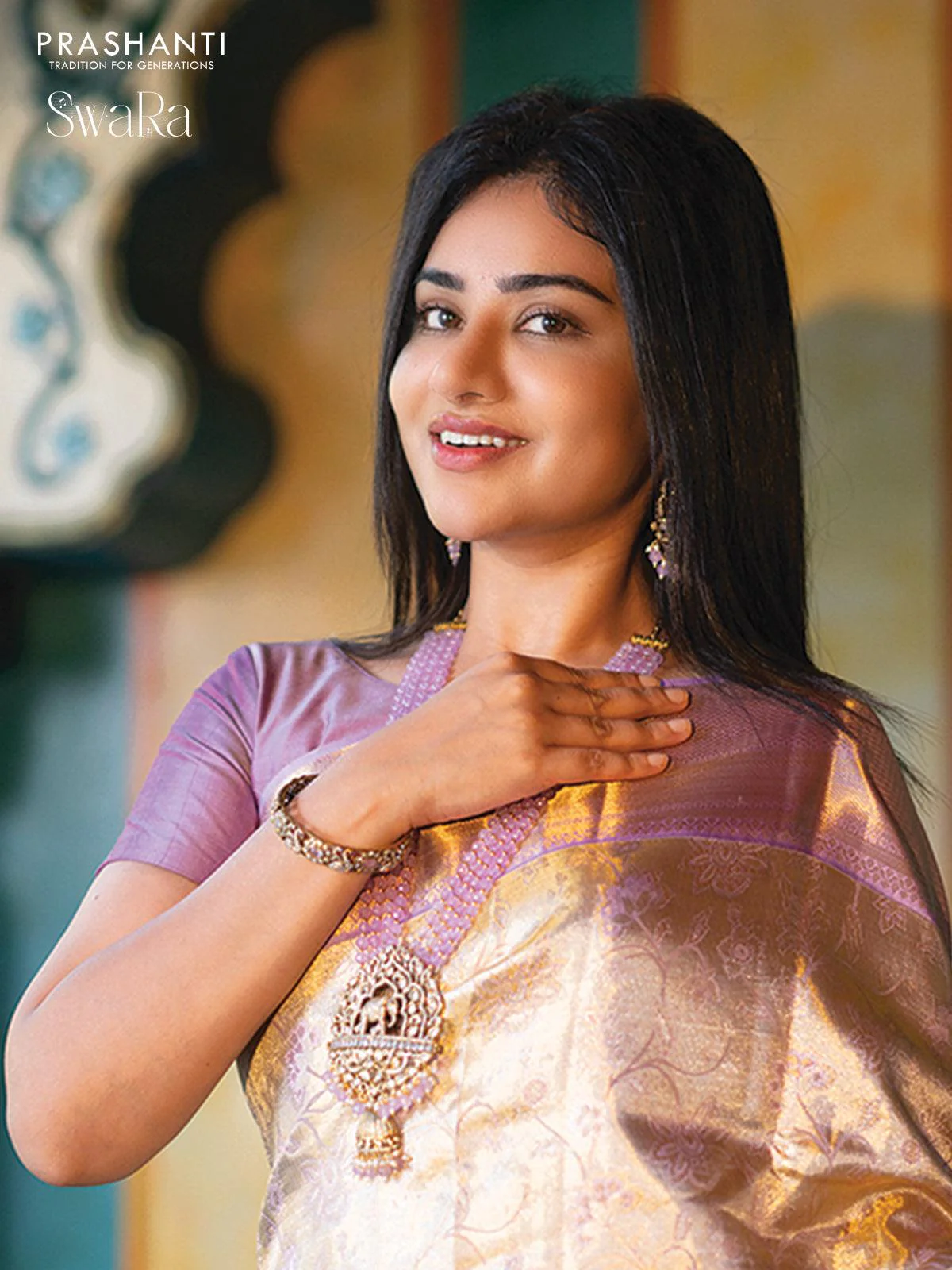 Pure kanjivaram tissue silk saree gold and lavender shade with allover zari woven brocade weaves and zari woven border - Image 3