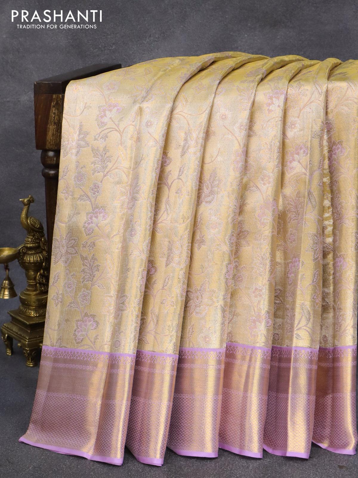 Pure kanjivaram tissue silk saree gold and lavender shade with allover zari woven brocade weaves and zari woven border - Image 5