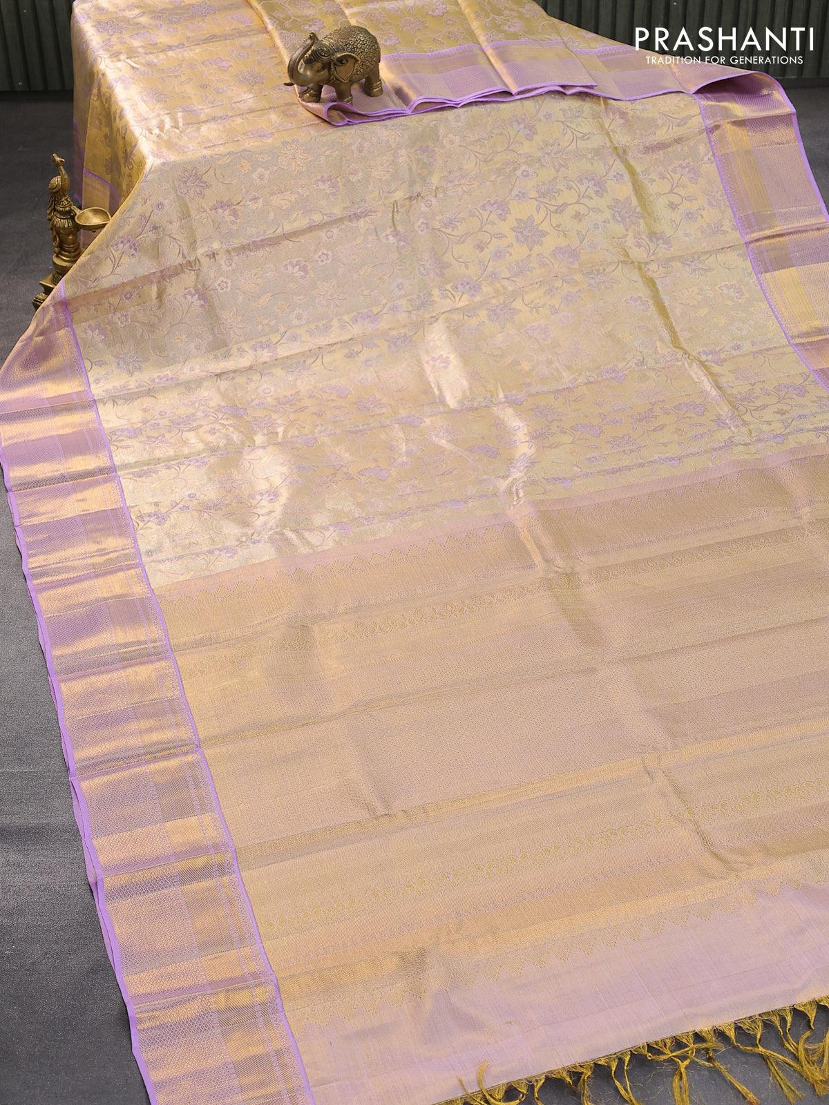 Pure kanjivaram tissue silk saree gold and lavender shade with allover zari woven brocade weaves and zari woven border - Image 6