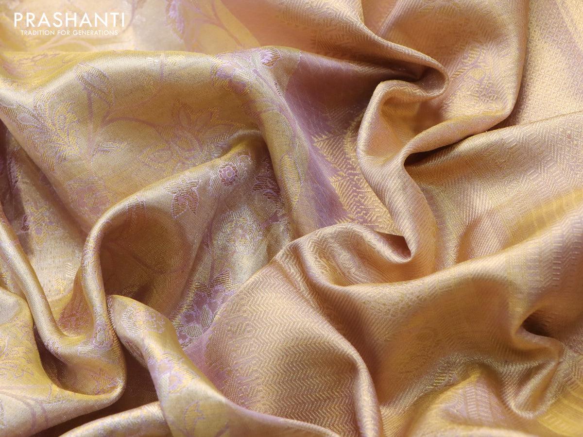 Pure kanjivaram tissue silk saree gold and lavender shade with allover zari woven brocade weaves and zari woven border - Image 7