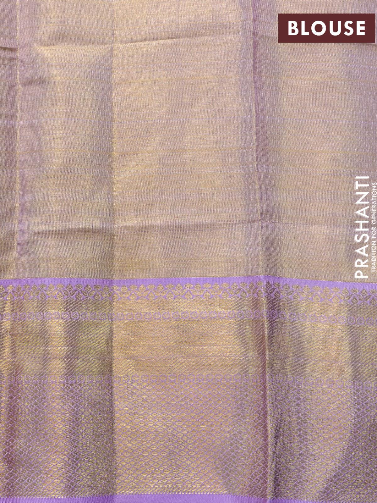 Pure kanjivaram tissue silk saree gold and lavender shade with allover zari woven brocade weaves and zari woven border - Image 8