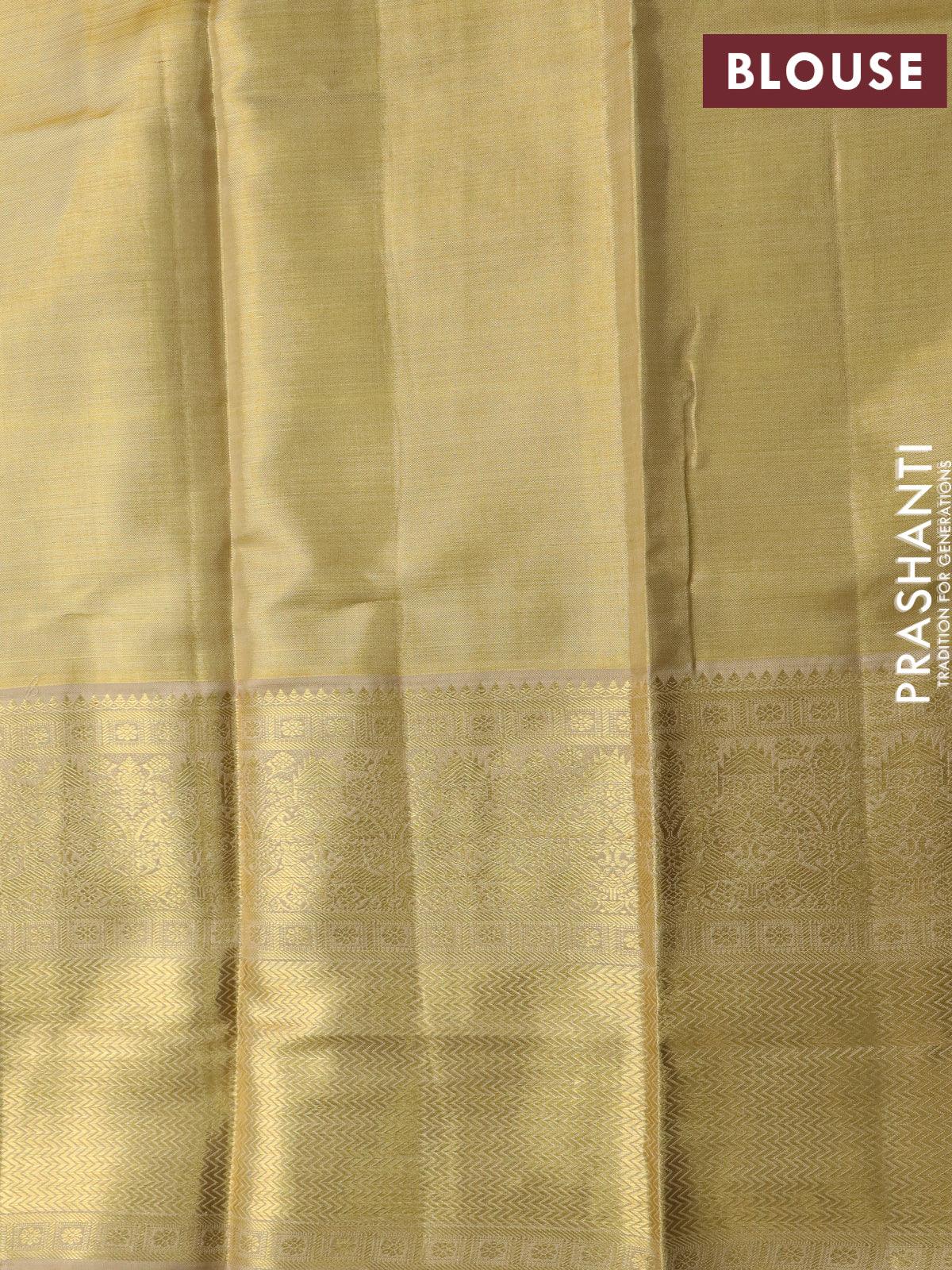 Pure kanjivaram tissue silk saree gold with allover zari woven brocade weaves and long zari woven border - Image 8
