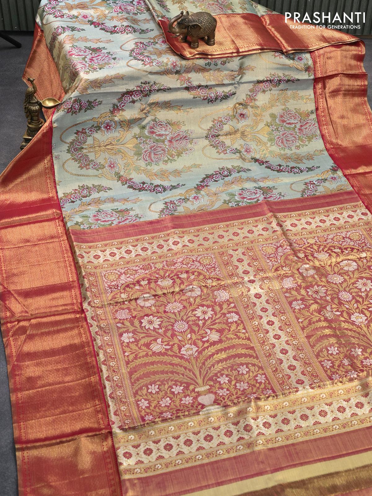 Pure kanjivaram tissue silk saree pastel blue and pink with allover thread & zari floral brocade weaves and rich zari woven border - Image 3