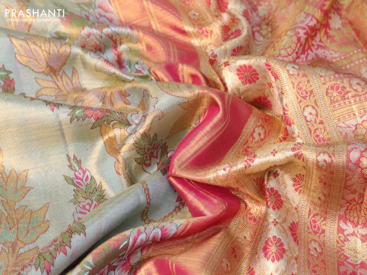 Pure kanjivaram tissue silk saree pastel blue and pink with allover thread & zari floral brocade weaves and rich zari woven border - Image 4