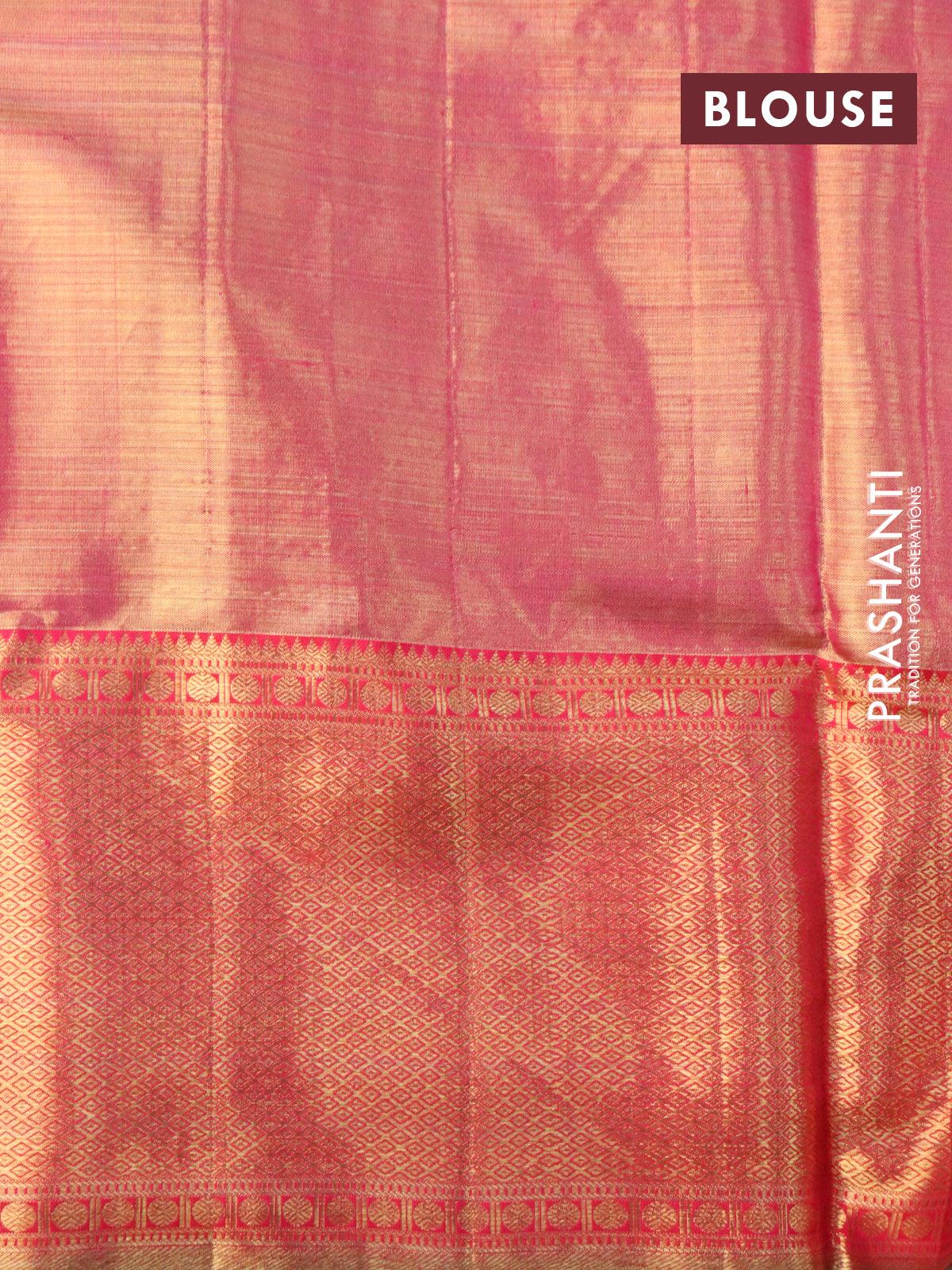Pure kanjivaram tissue silk saree pastel blue and pink with allover thread & zari floral brocade weaves and rich zari woven border - Image 5