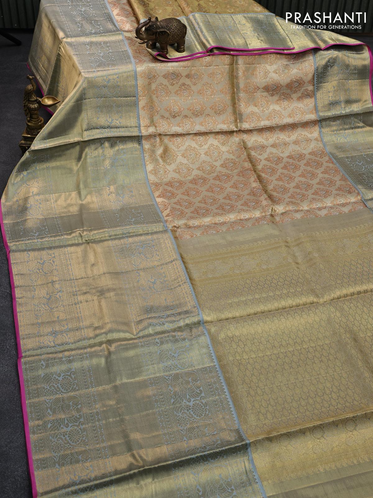 Pure kanjivaram tissue silk saree sandal and grey with allover zari woven butta weaves and long rich peacock zari woven border - Image 2