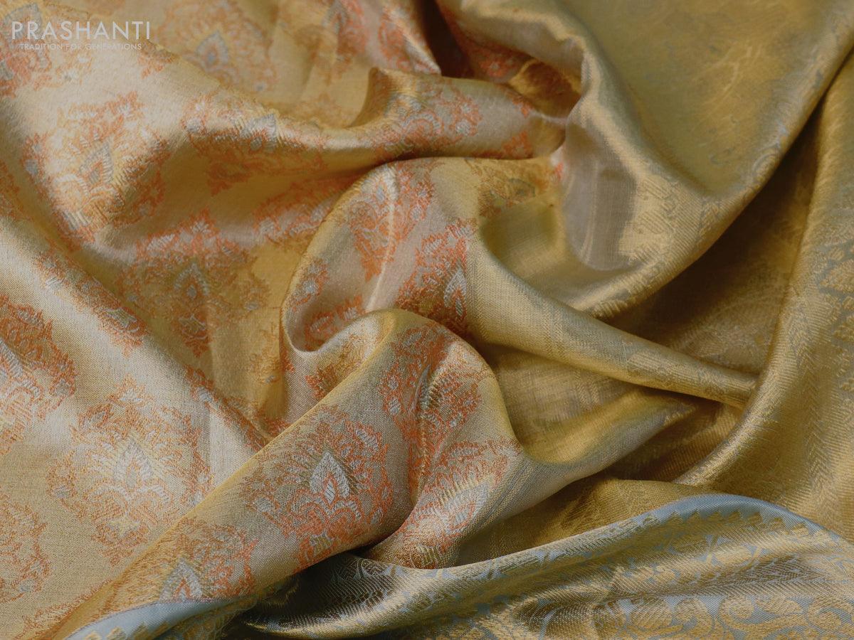 Pure kanjivaram tissue silk saree sandal and grey with allover zari woven butta weaves and long rich peacock zari woven border - Image 3