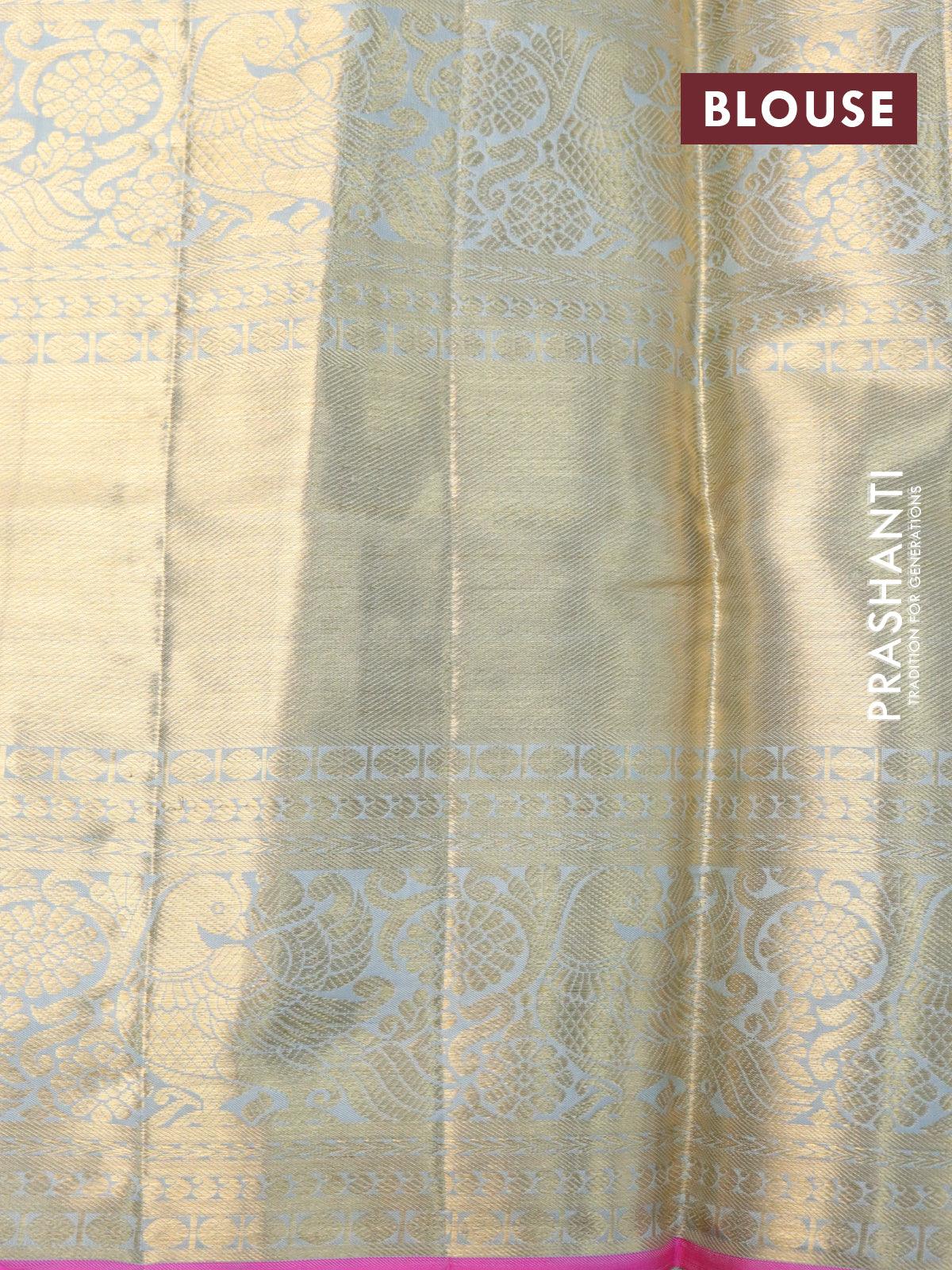 Pure kanjivaram tissue silk saree sandal and grey with allover zari woven butta weaves and long rich peacock zari woven border - Image 4