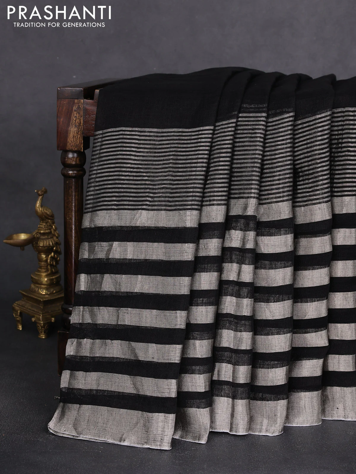 Pure linen saree black and grey with plain body and long silver zari woven border - Image 2