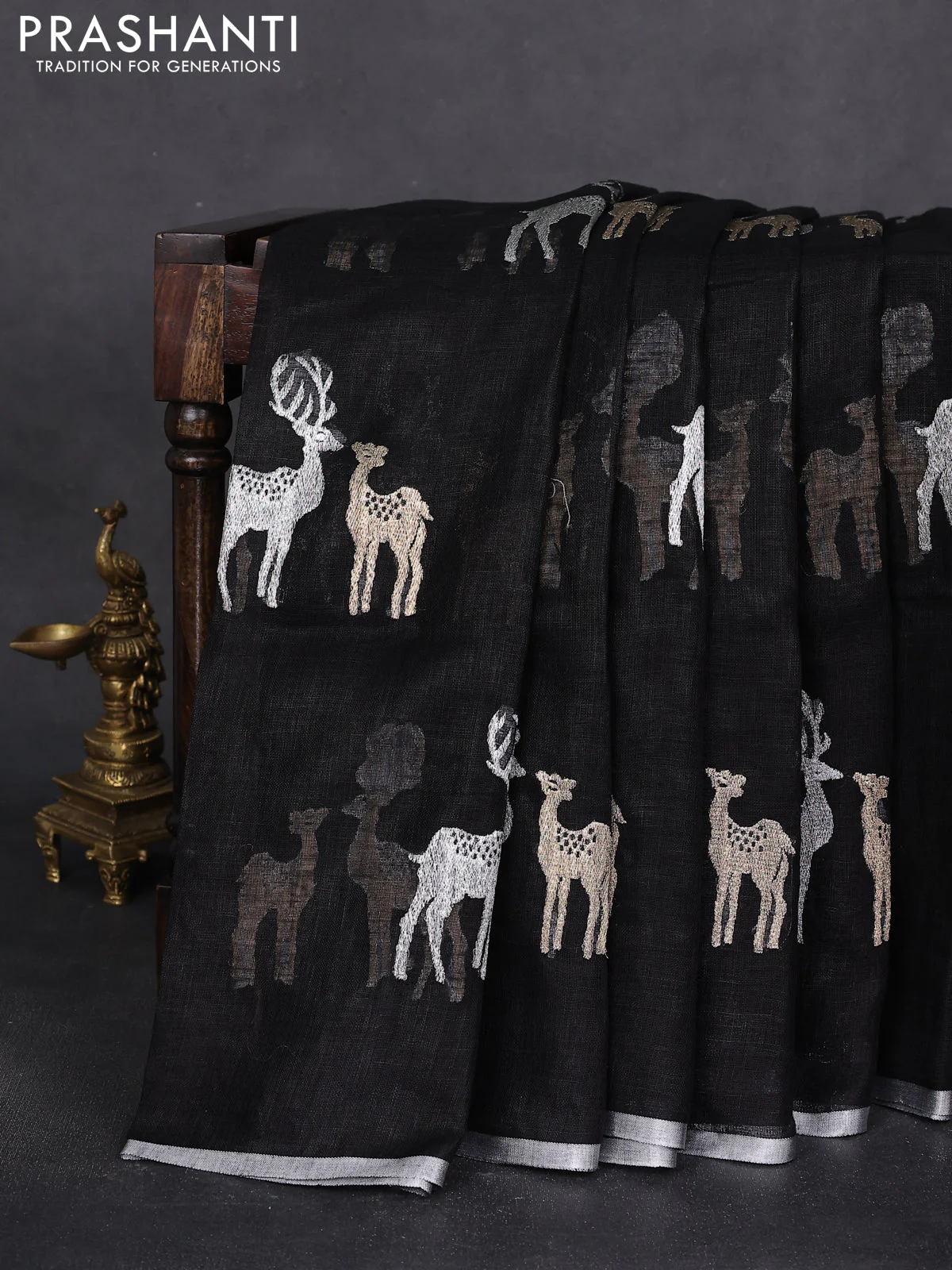 Pure linen saree black with gold & silver zari woven buttas and silver zari woven piping border - Image 2