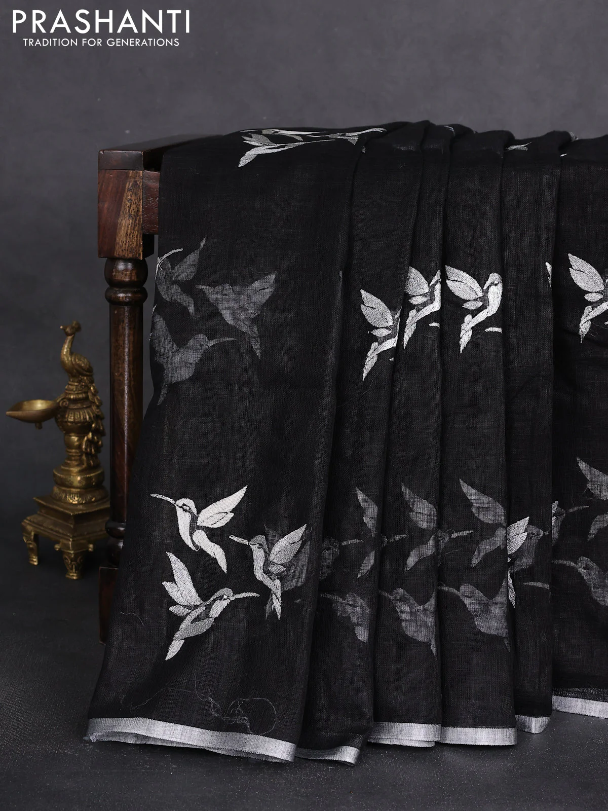 Pure linen saree black with thread & silver zari woven buttas and silver zari woven piping border - Image 2