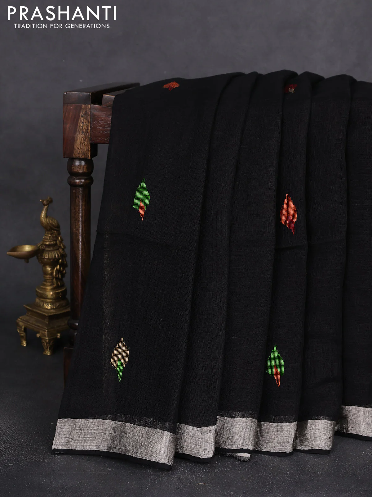 Pure linen saree black with thread woven buttas and jamdhani pallu - Image 2