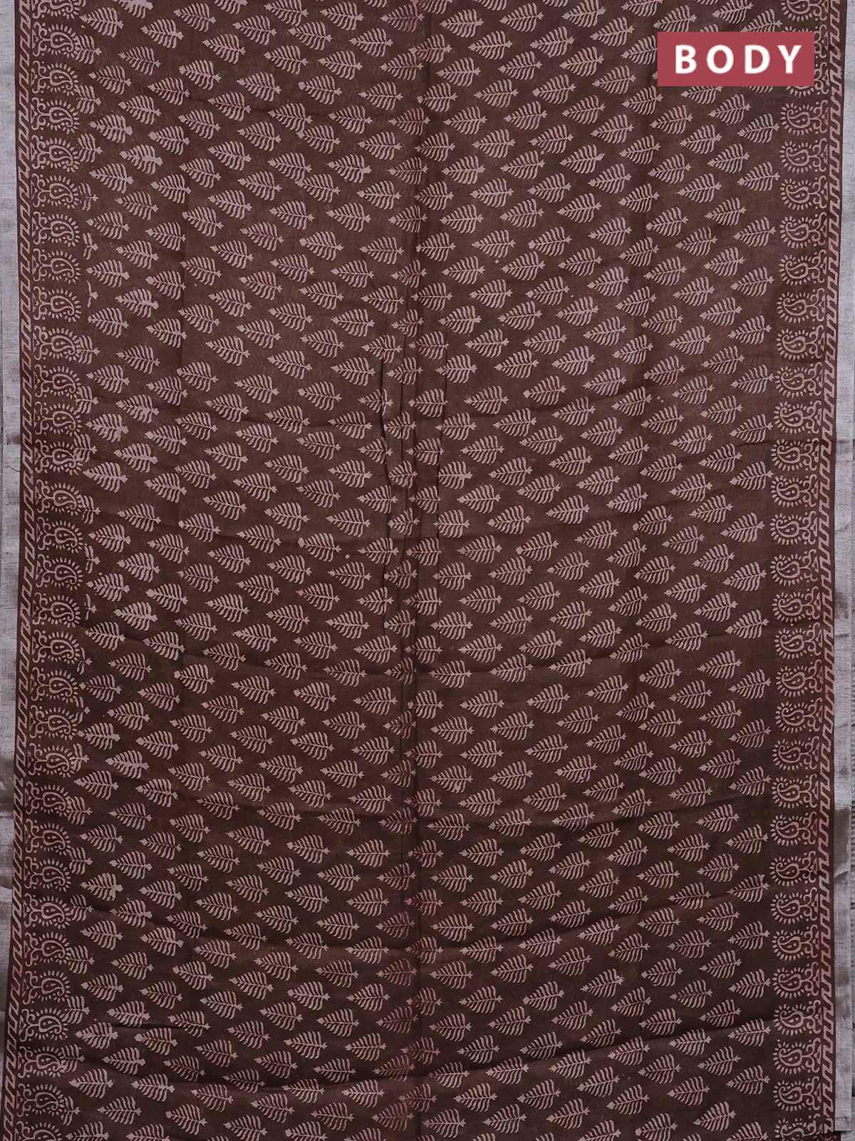 Pure linen saree brown with allover butta prints and silver zari woven border - Image 2
